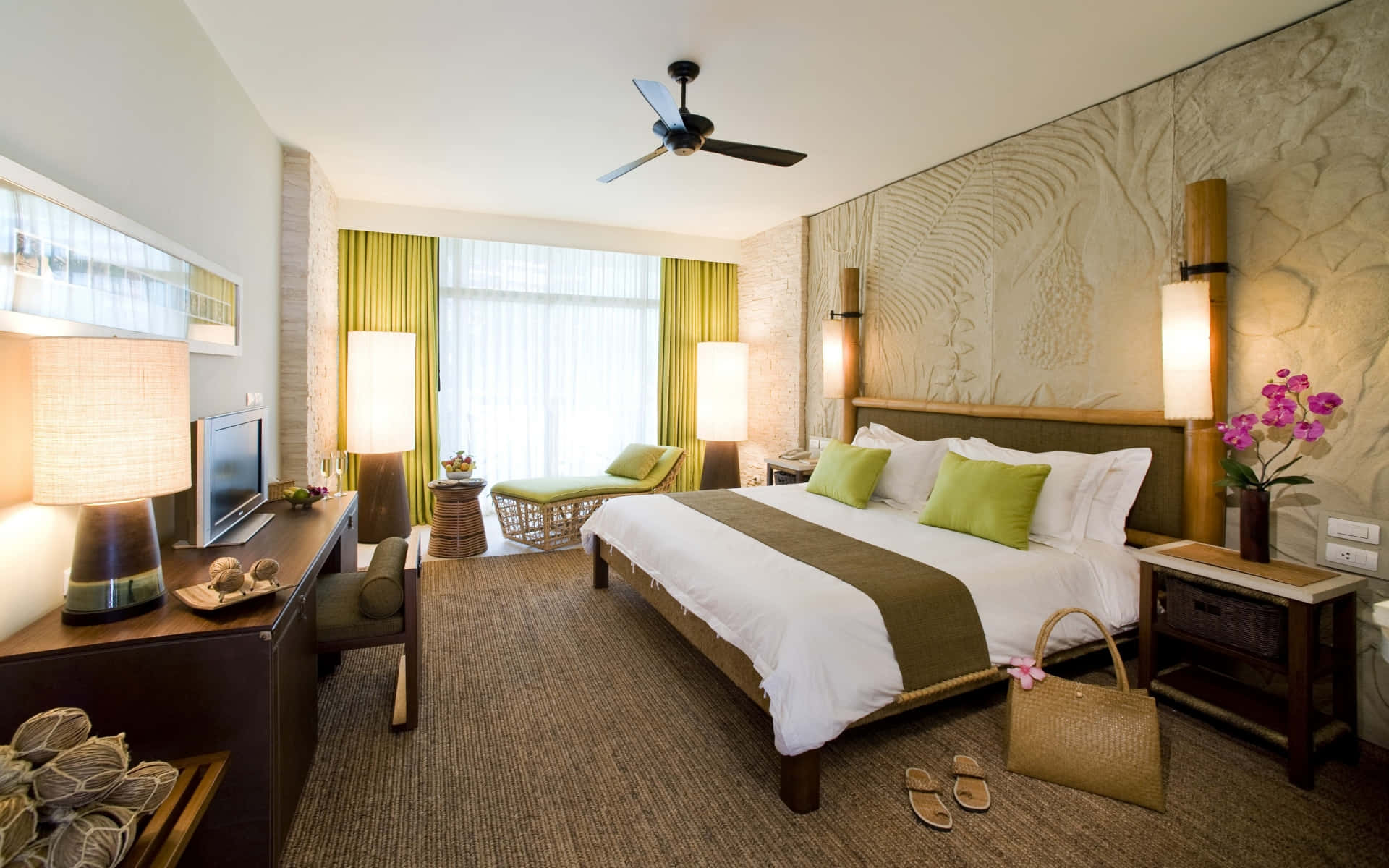 Lime Green Interior Hotel Room, tropical-themed hotel room, large bed, Full HD Desktop Wallpaper