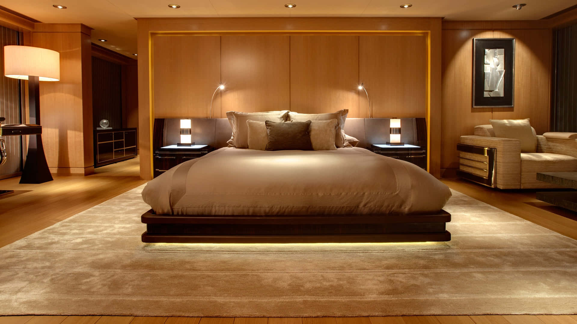 modern furniture, warm wood tones, low platform bed, Full HD Desktop Wallpaper