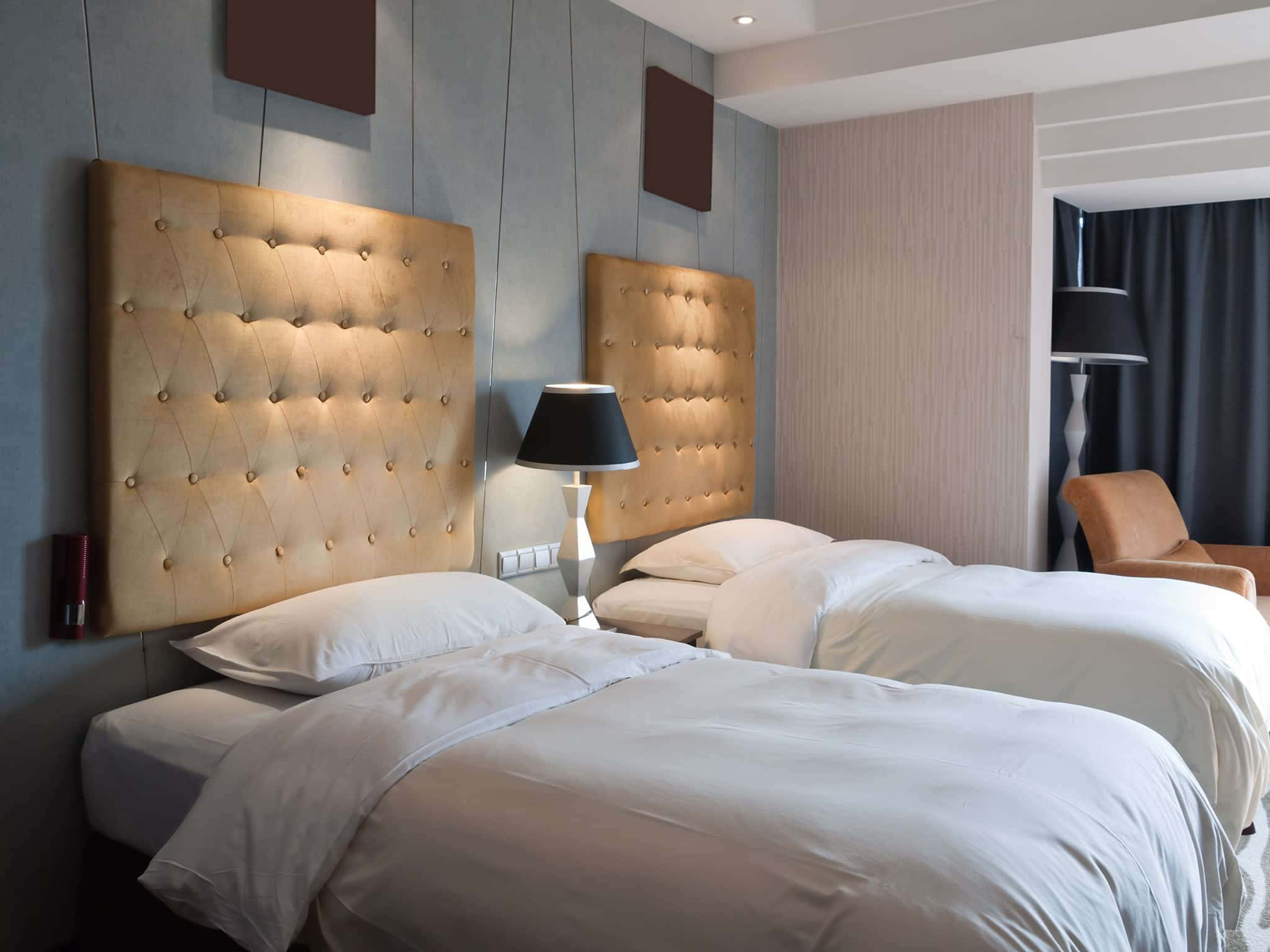 twin beds, beige headboards, ambient lighting, Full HD Desktop Wallpaper