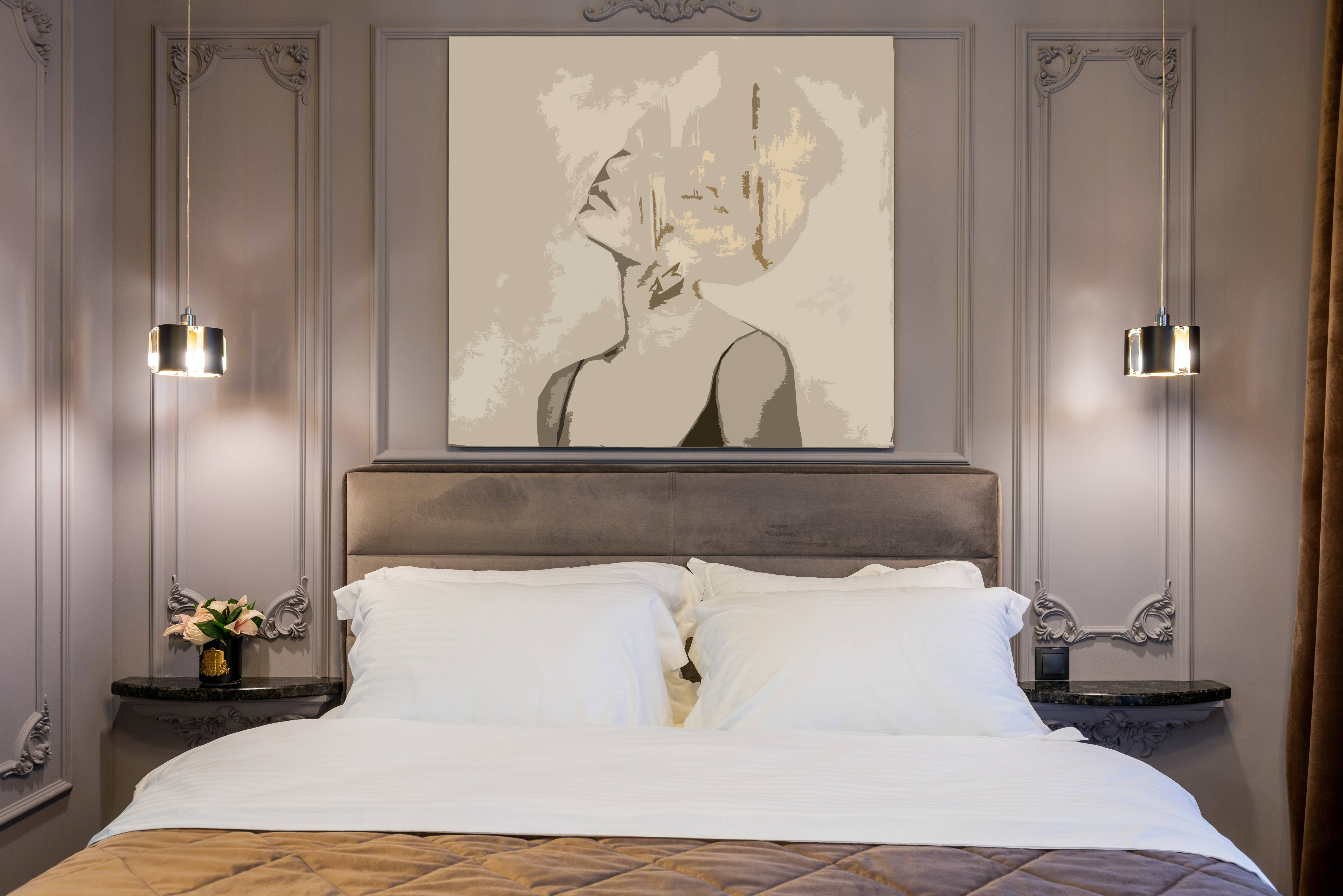Classy Hotel Bedroom, white linens, gold quilted cover, 5K Desktop Wallpaper