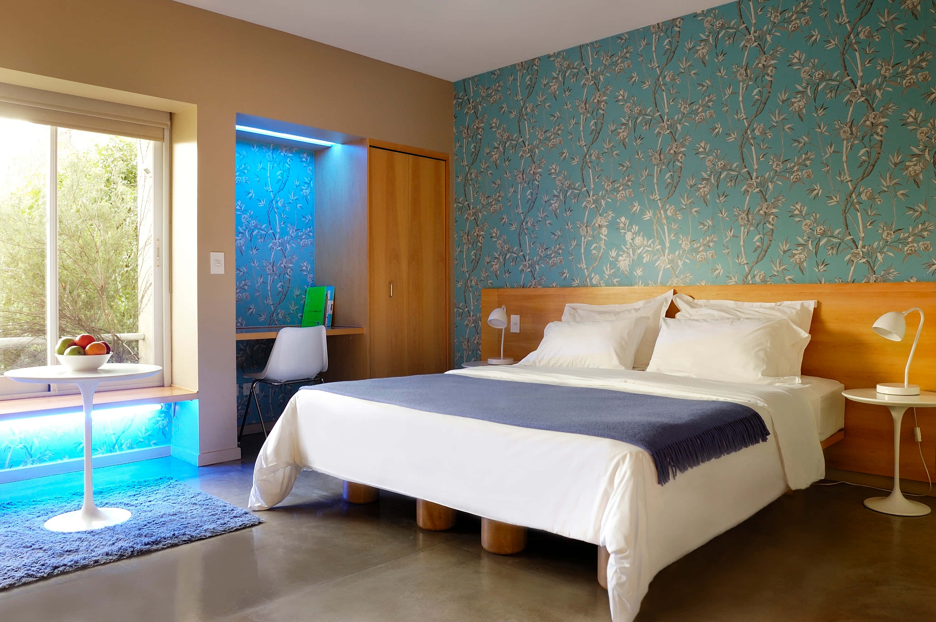 modern bedroom, wooden bed, blue patterned wallpaper, 2K Desktop Wallpaper