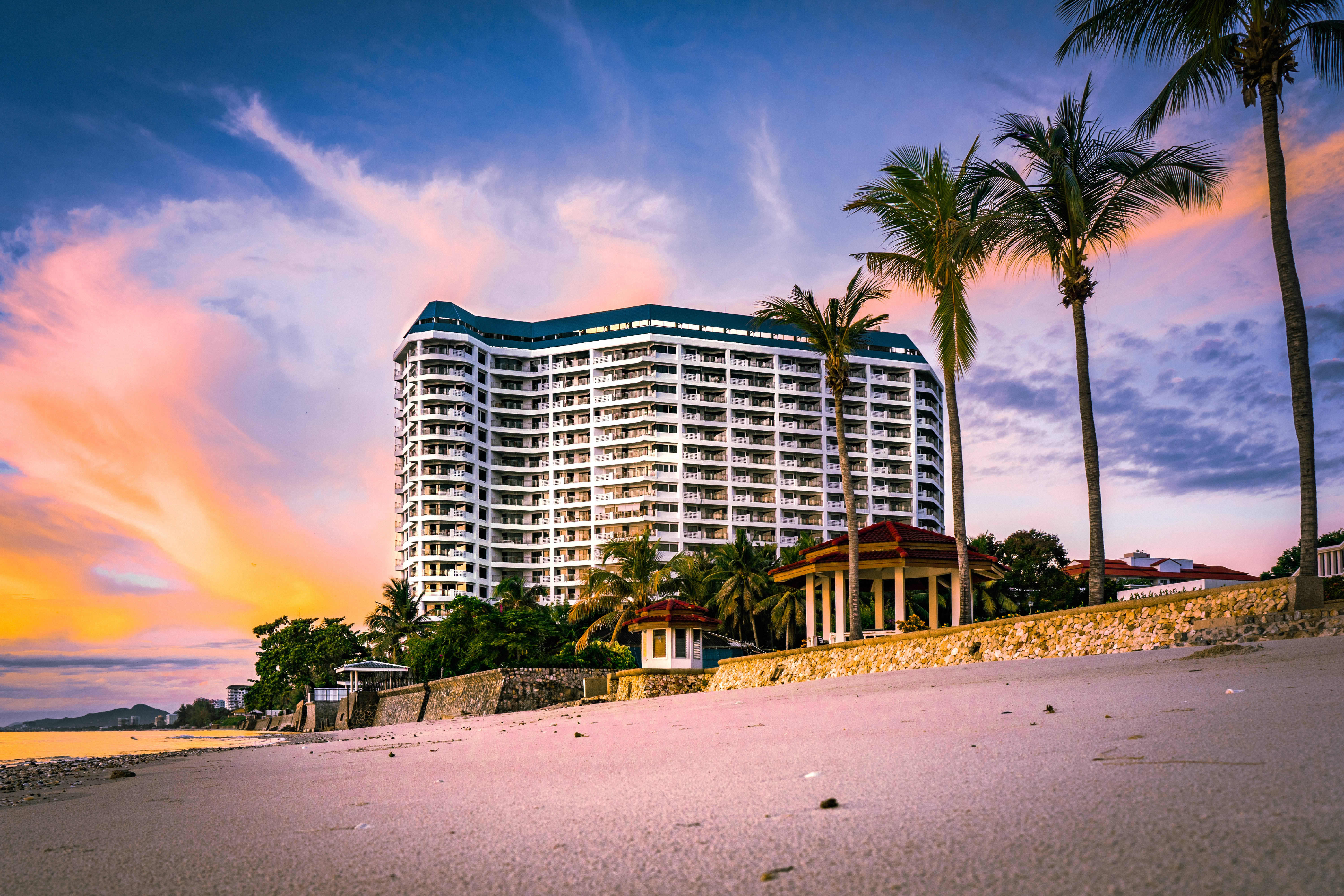 Hotel, sunset, pink, 5K Desktop Wallpaper