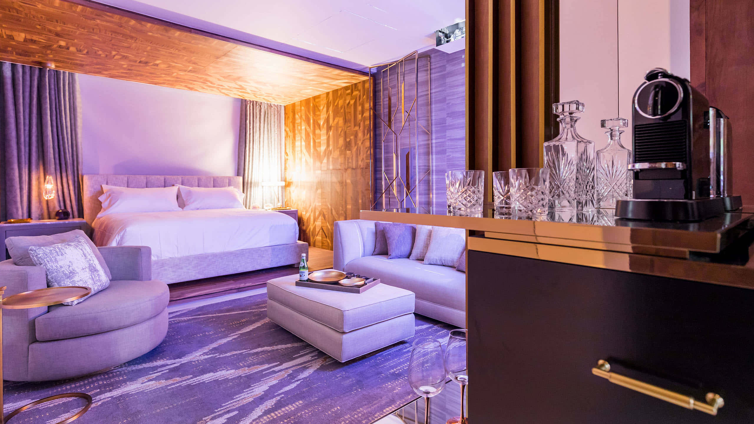 purple ambient light, plush furniture, modern decor, 2K Desktop Wallpaper