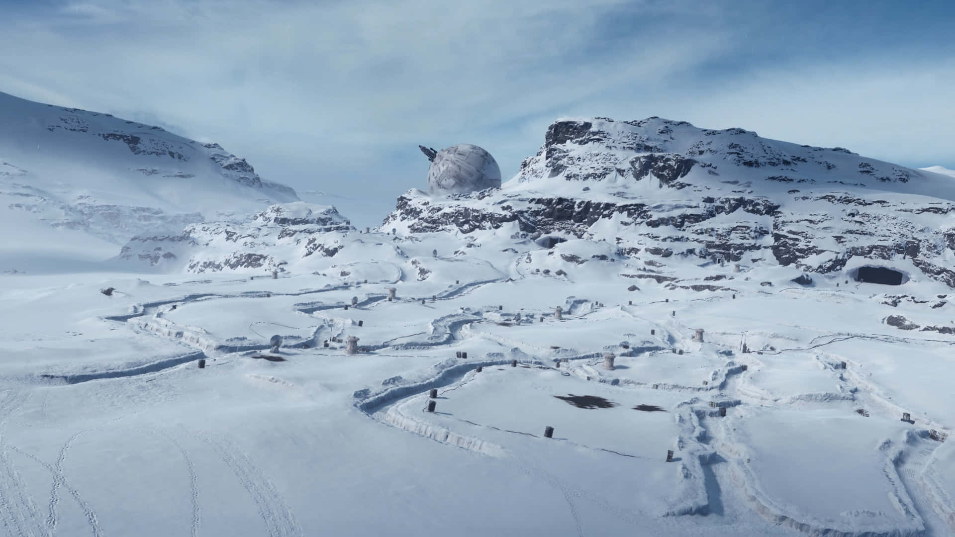 Hoth, snow-covered mountain landscape, dome-shaped observatory, Full HD Desktop Wallpaper