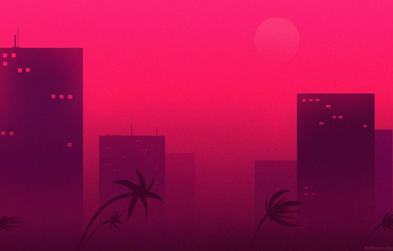 Hotline Miami, pink city, palm trees, HD Desktop Wallpaper