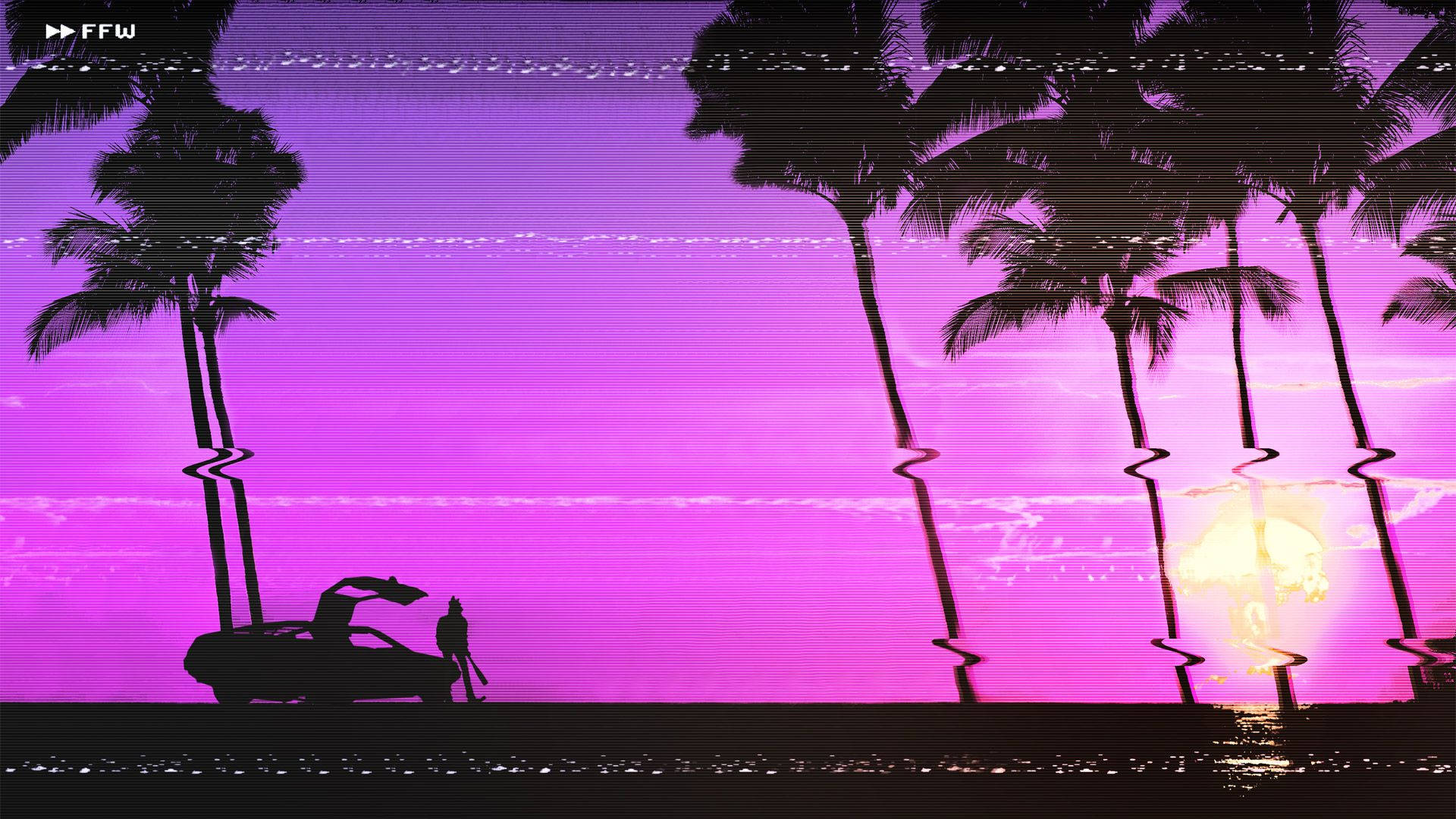 Hotline Miami, palm trees, glitchy purple sunset sky, Full HD Desktop Wallpaper