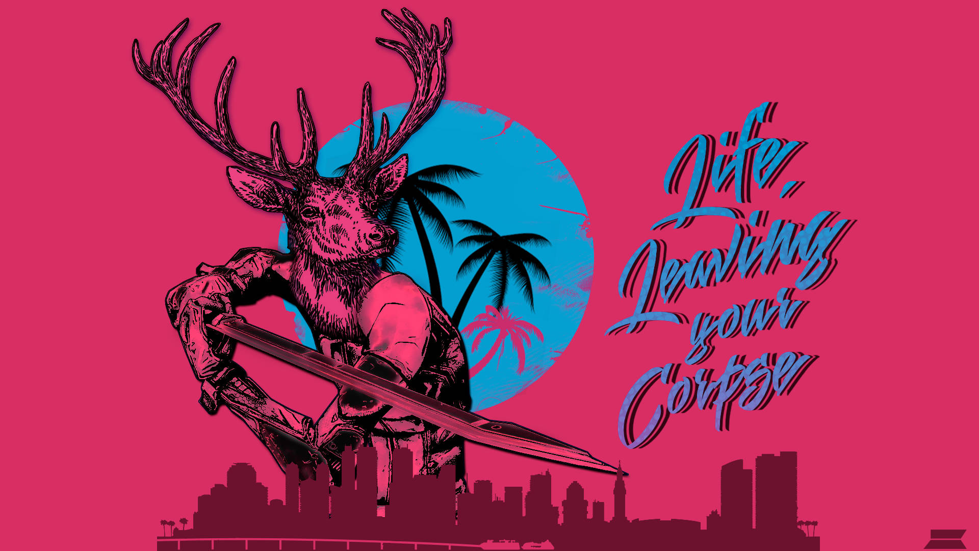 Hotline Miami, pink background, blue sun, Full HD Desktop Wallpaper