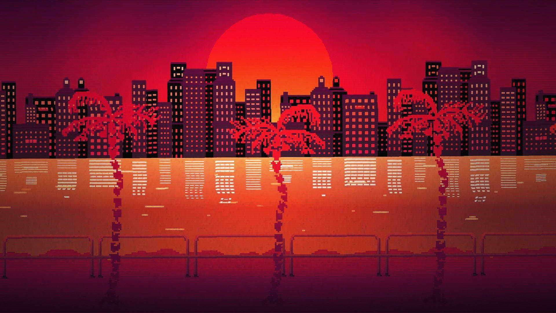 Hotline Miami, pixel-art, city skyline, Full HD Desktop Wallpaper