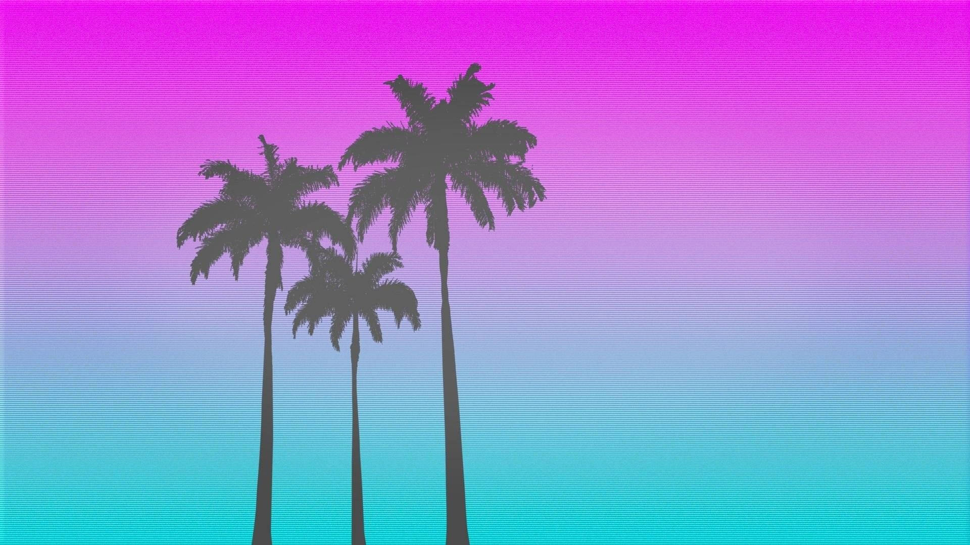 palm trees, vibrant gradient sky, magenta, Full HD Desktop Wallpaper