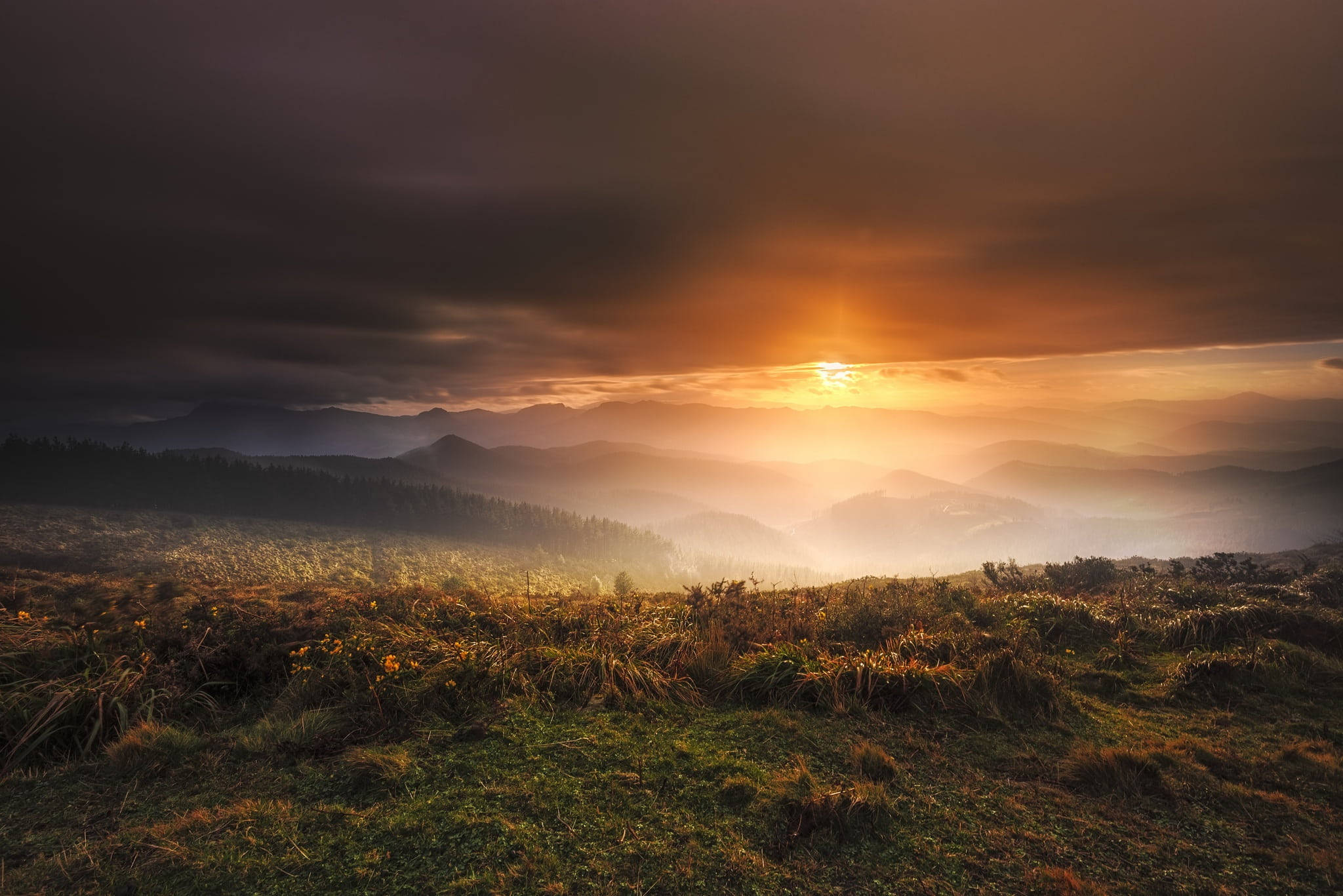 Misty Sunset, golden light, dark clouds, Full HD Desktop Wallpaper