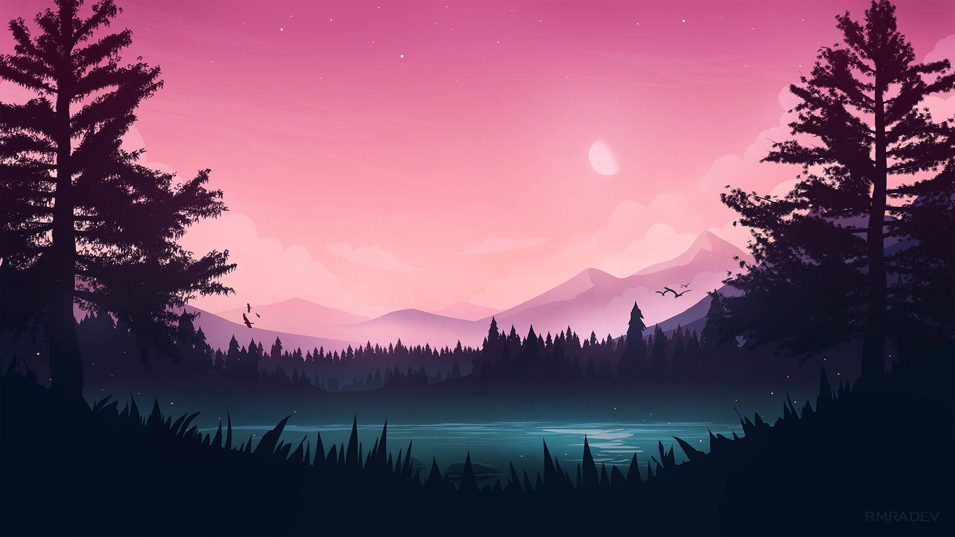 Digital Forest Landscape, twilight, pine trees, Full HD Desktop Wallpaper