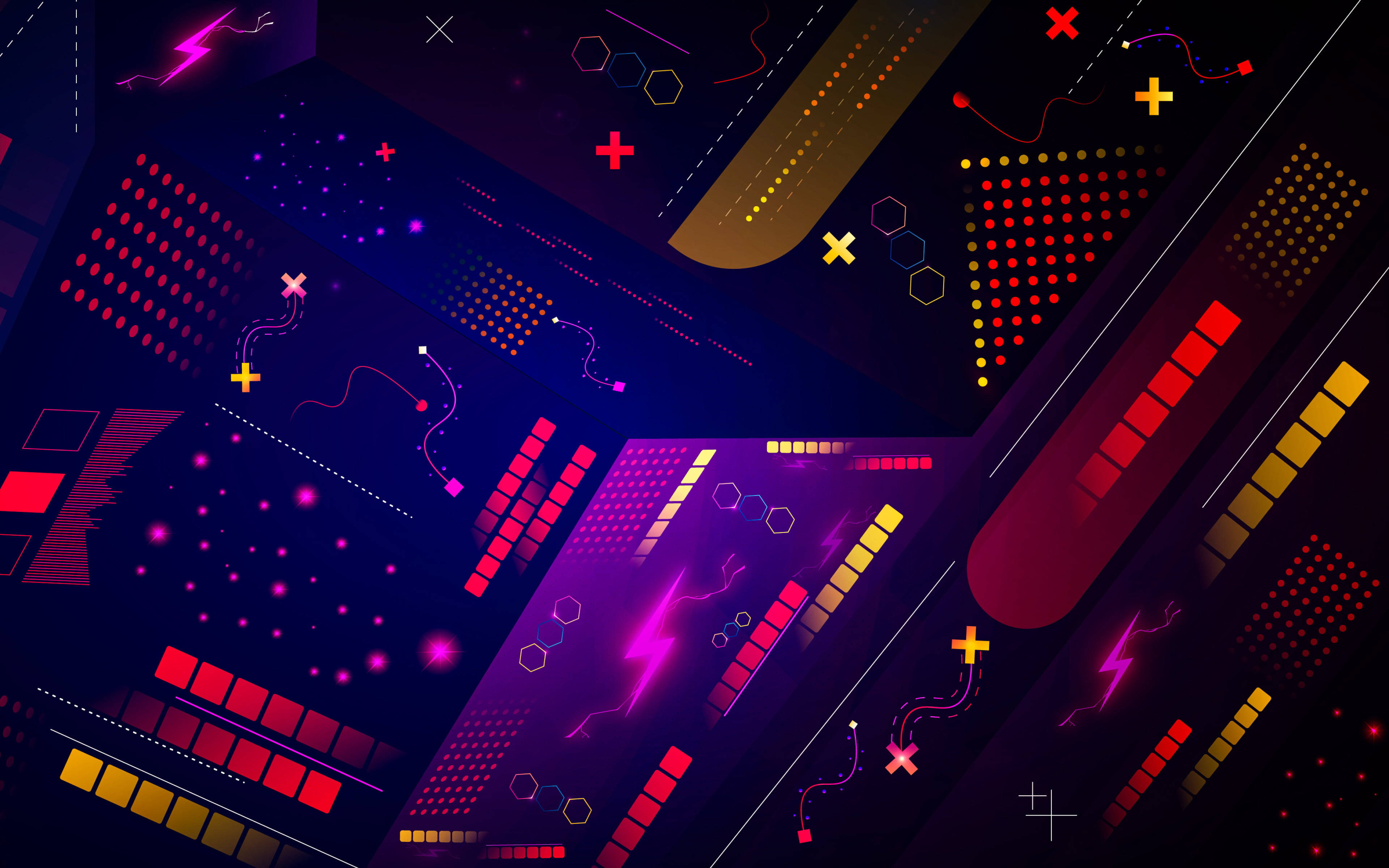neon, geometric shapes, glowing lines, 4K Desktop Wallpaper