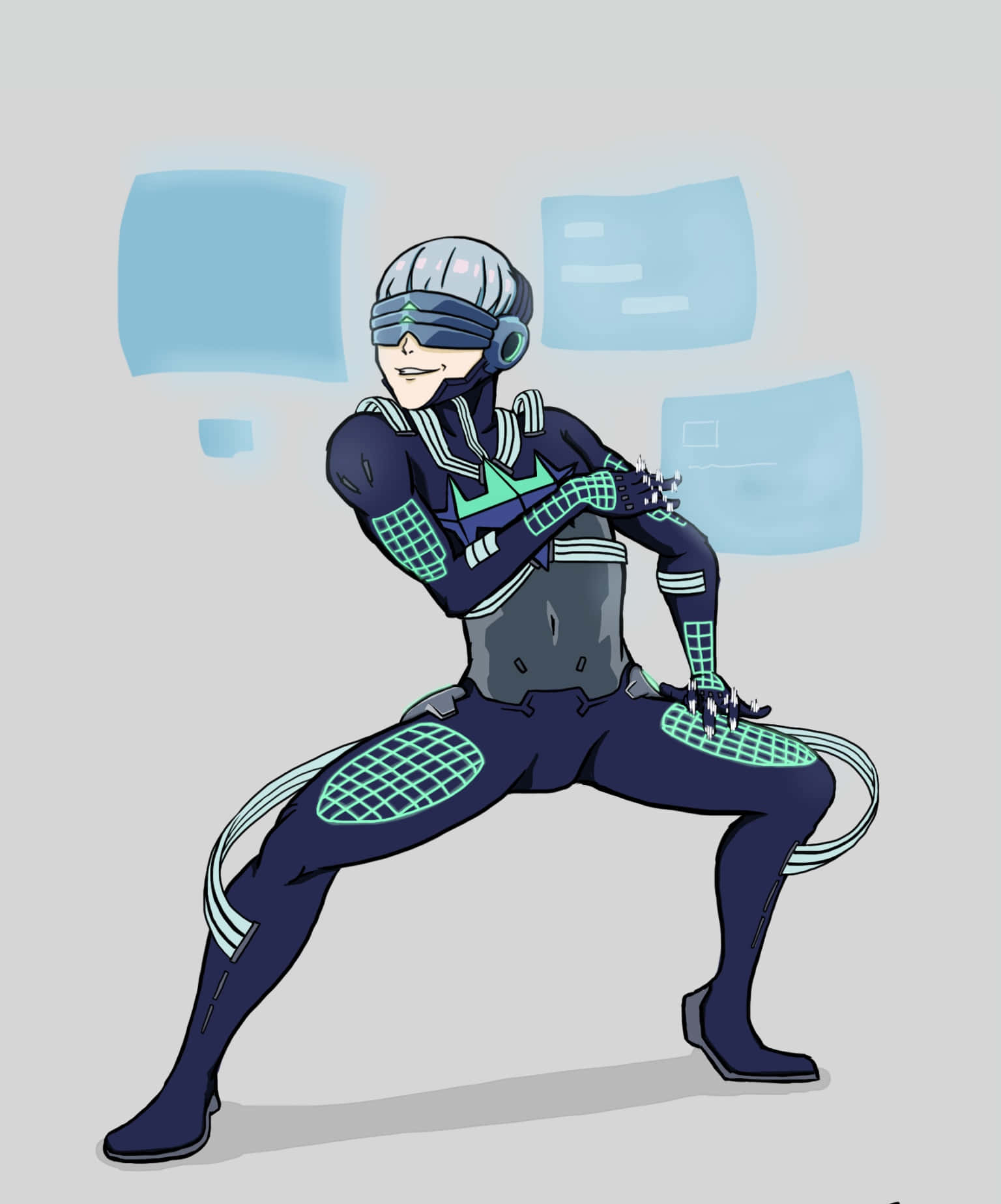 Houka Inumuta, futuristic dark blue and teal suit, dynamic combat pose, HD Phone Wallpaper