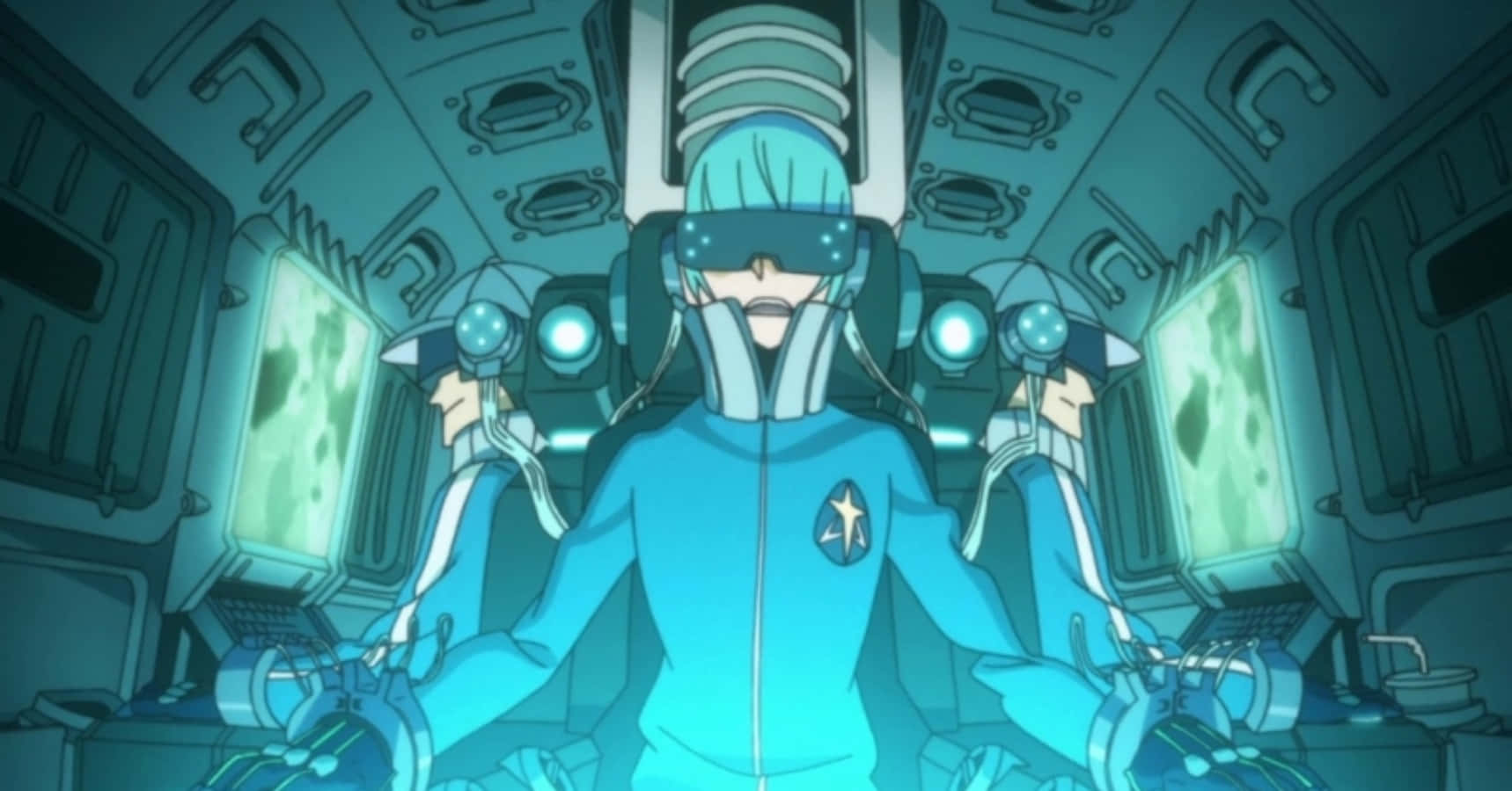 Houka Inumuta, blue flight suit, futuristic cockpit, HD Desktop Wallpaper