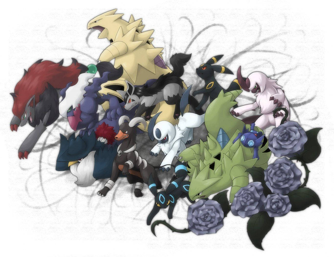 Houndoom, dark purple roses, anime-style illustration, HD Desktop Wallpaper