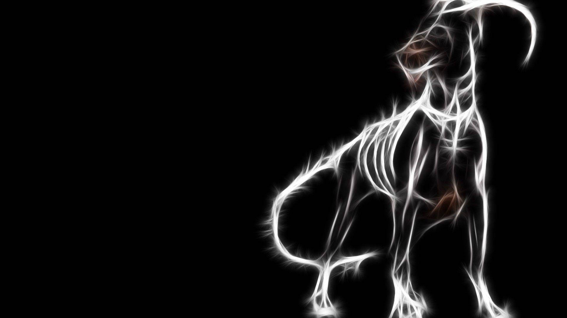 Houndoom, glowing white fractal dog silhouette, pure black background, Full HD Desktop Wallpaper