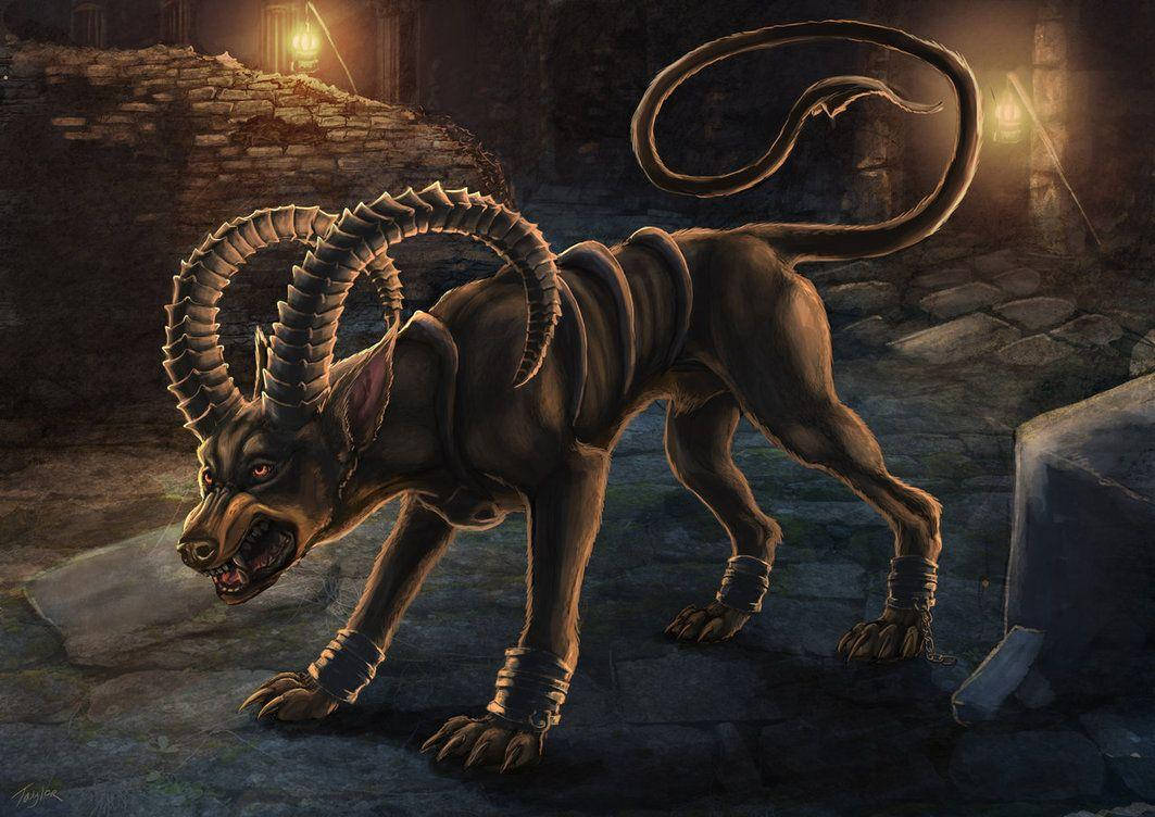 Houndoom, glowing red eyes, dimly lit stone courtyard, SD Desktop Wallpaper