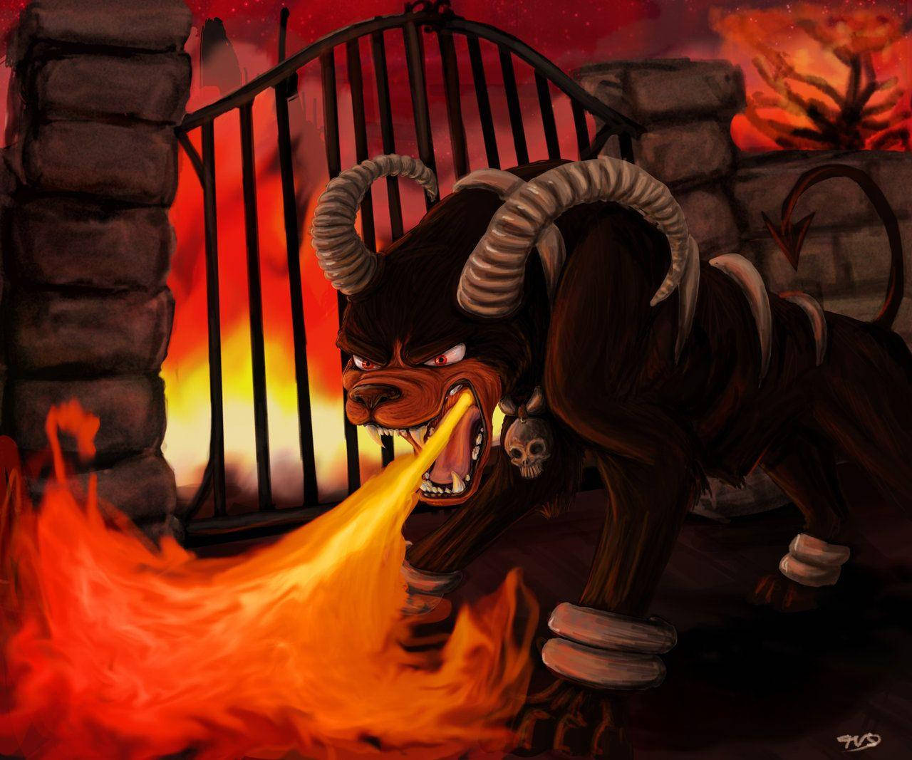 Houndoom, fire, stone gate, HD Desktop Wallpaper