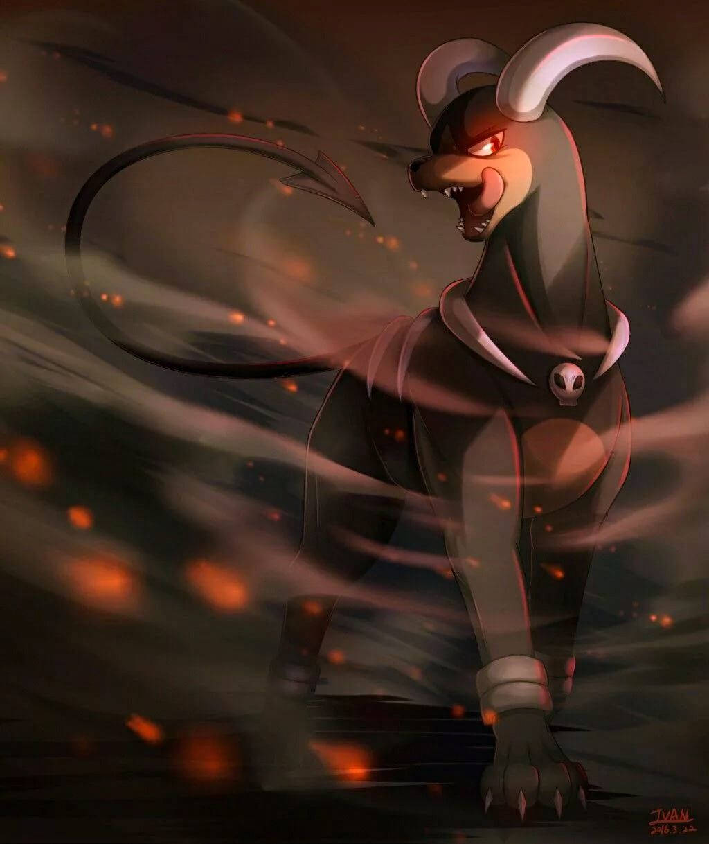 Houndoom, glowing red eyes, curved horns, SD Phone Wallpaper