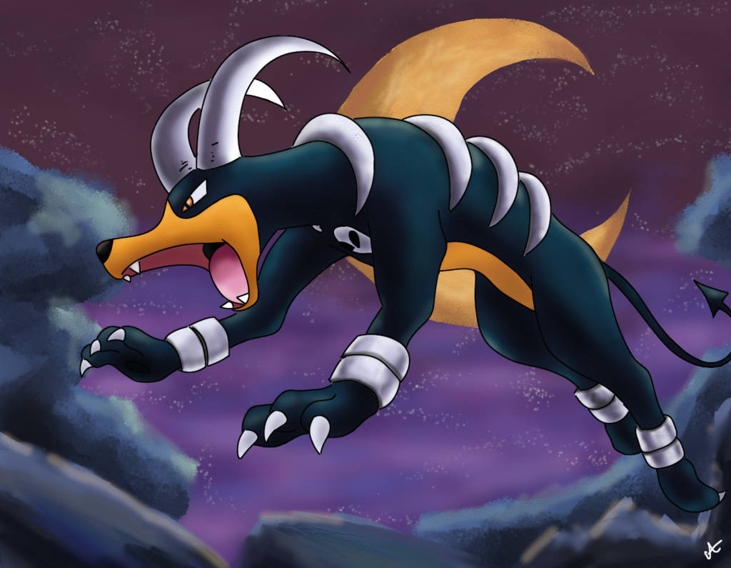 Houndoom, crescent moon, starry purple sky, SD Desktop Wallpaper
