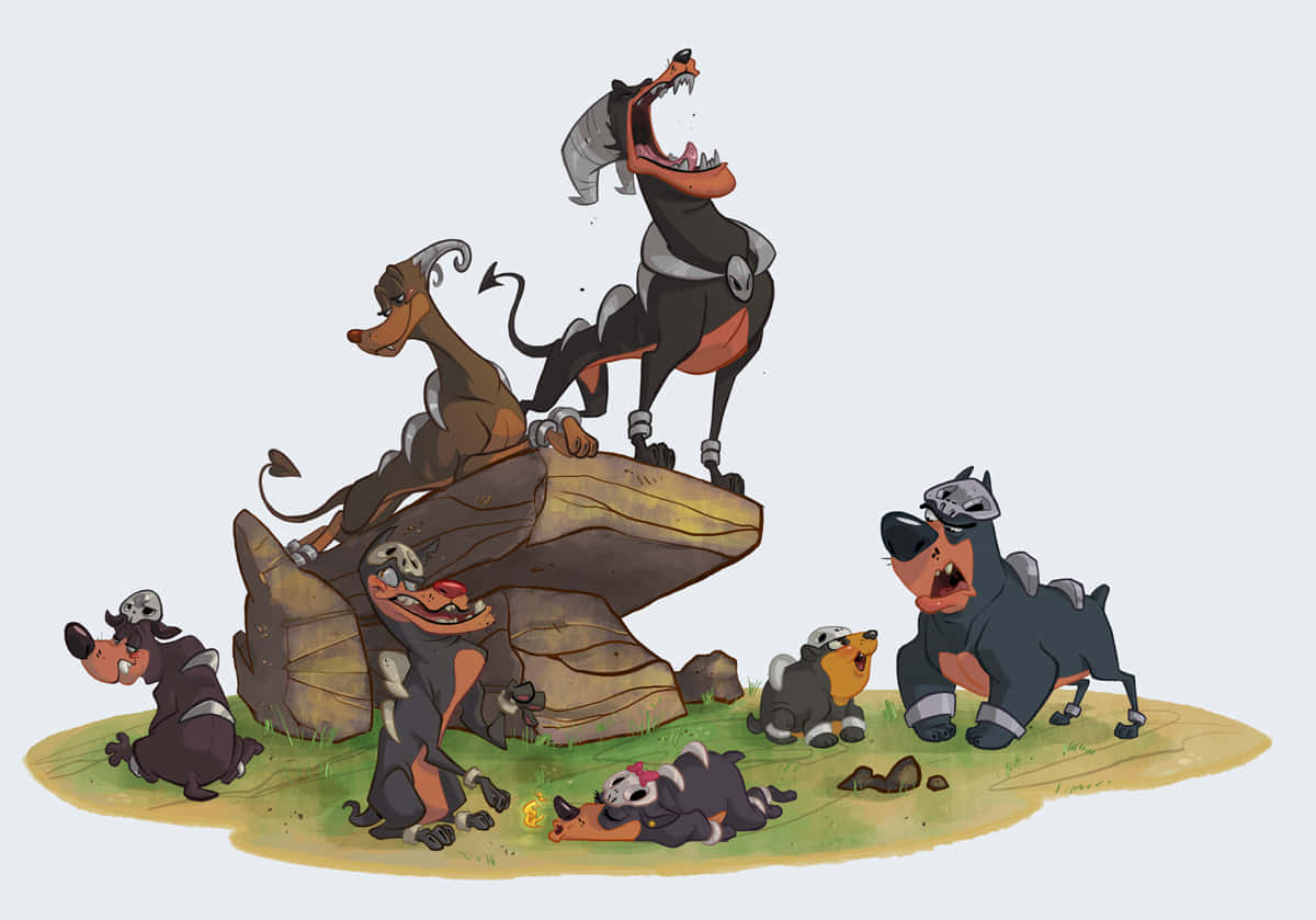 Houndour, skull helmets, cartoon hyenas, SD Desktop Wallpaper