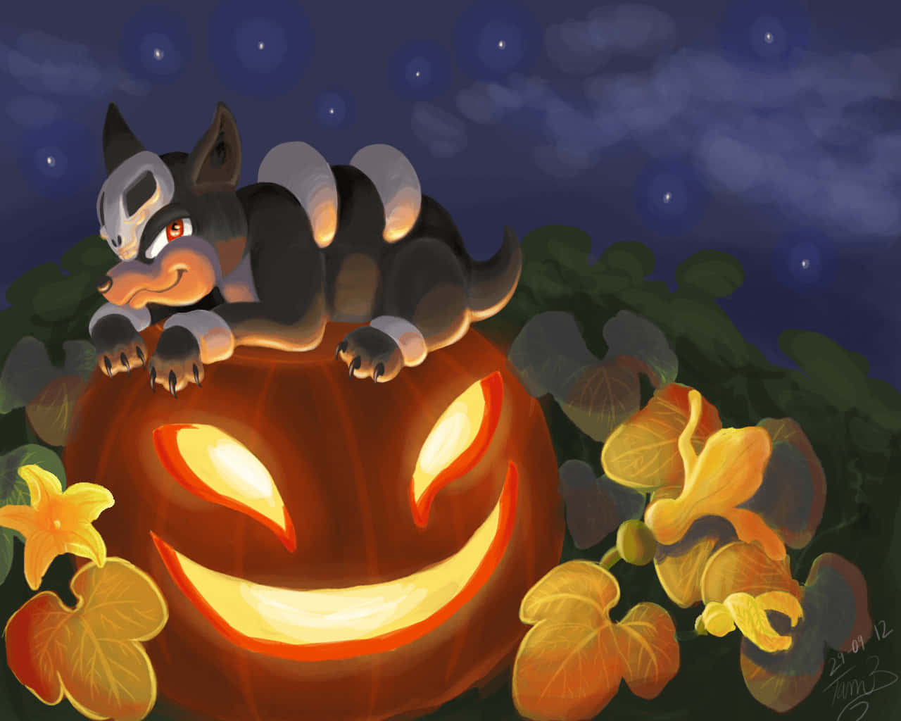 Houndour, pumpkin, glowing jack-o-lantern, HD Desktop Wallpaper