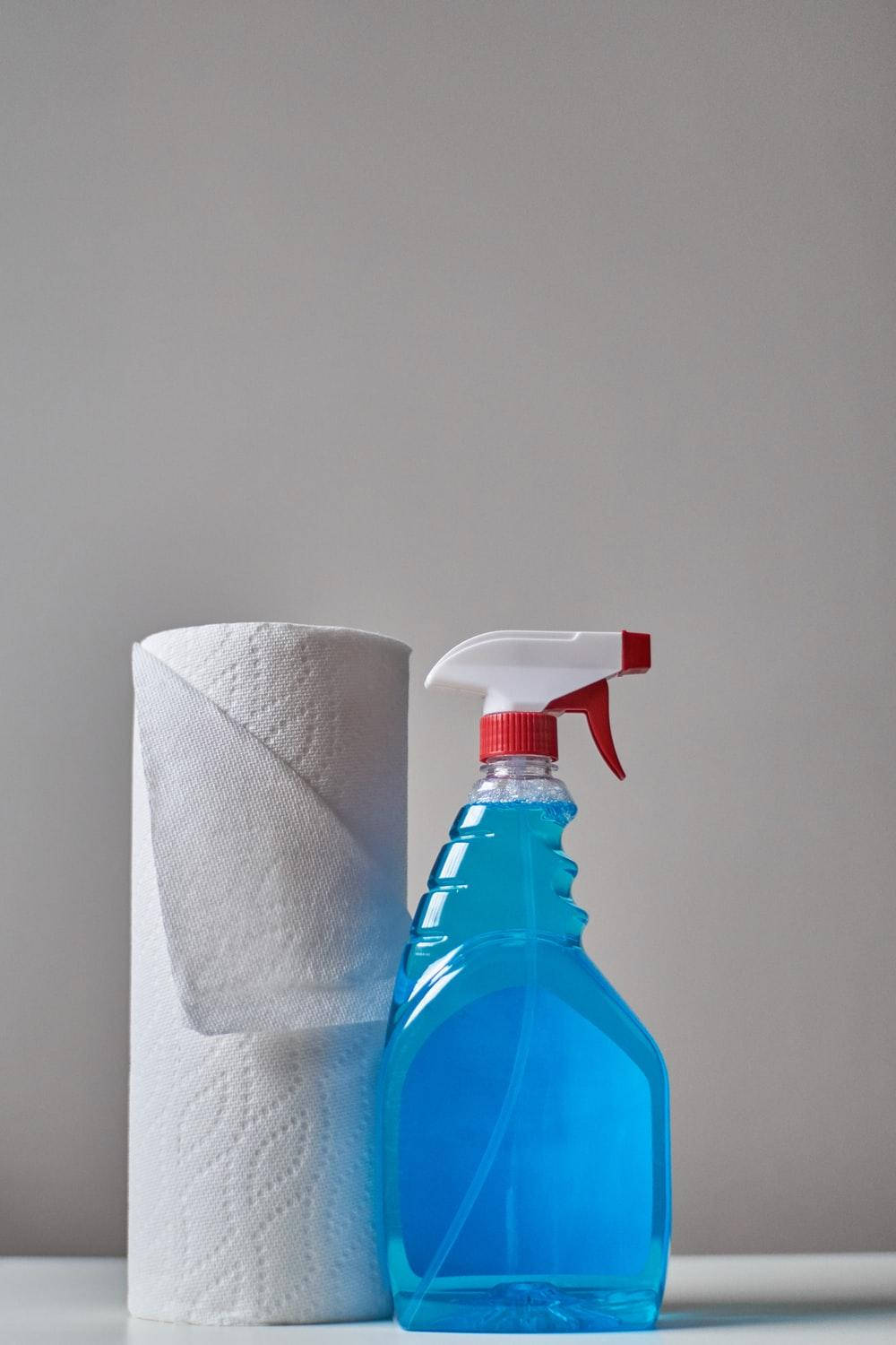 vibrant blue spray bottle, red trigger, white paper towels, HD Phone Wallpaper