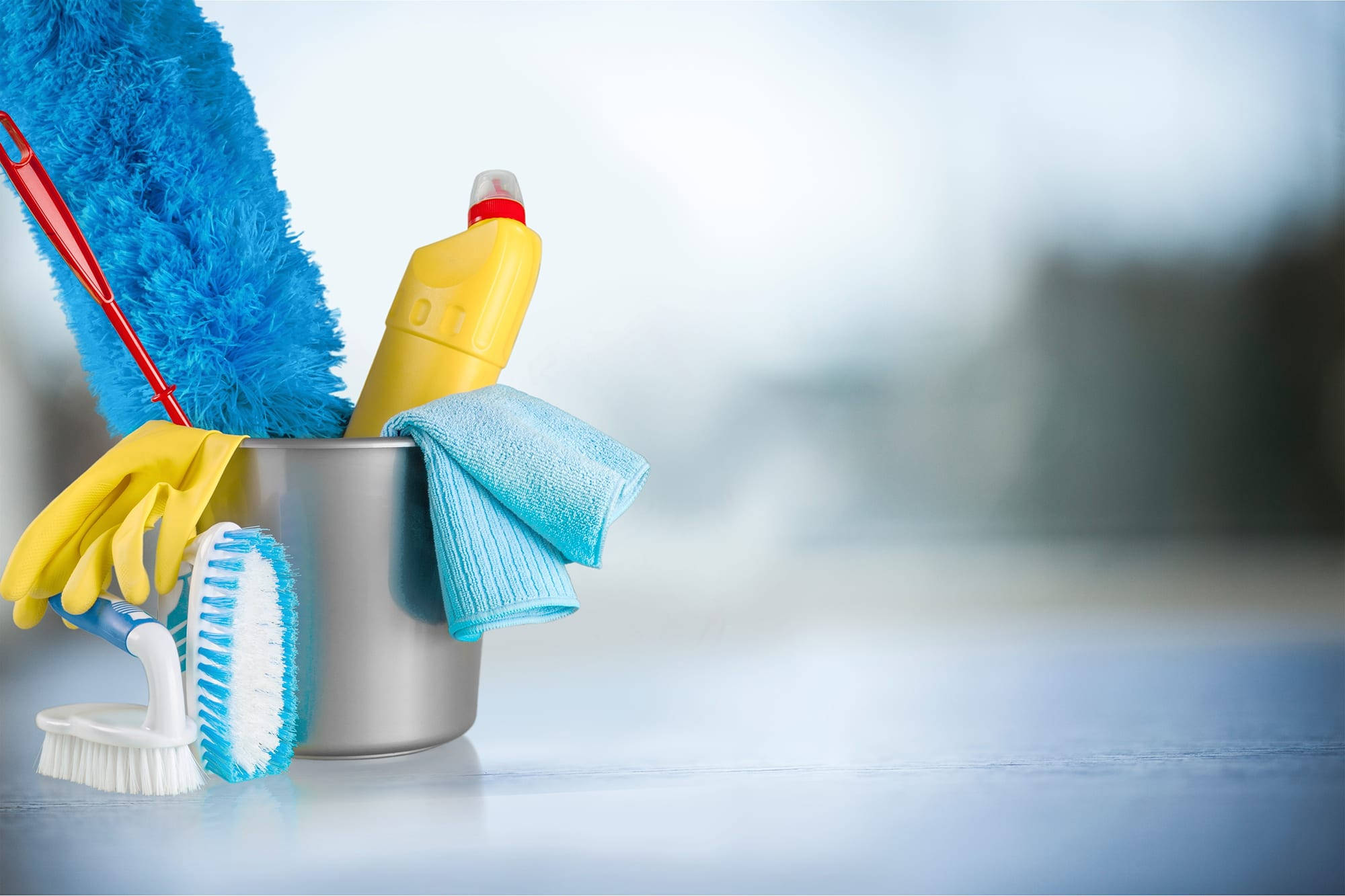 silver bucket, blue duster, yellow gloves, Full HD Desktop Wallpaper