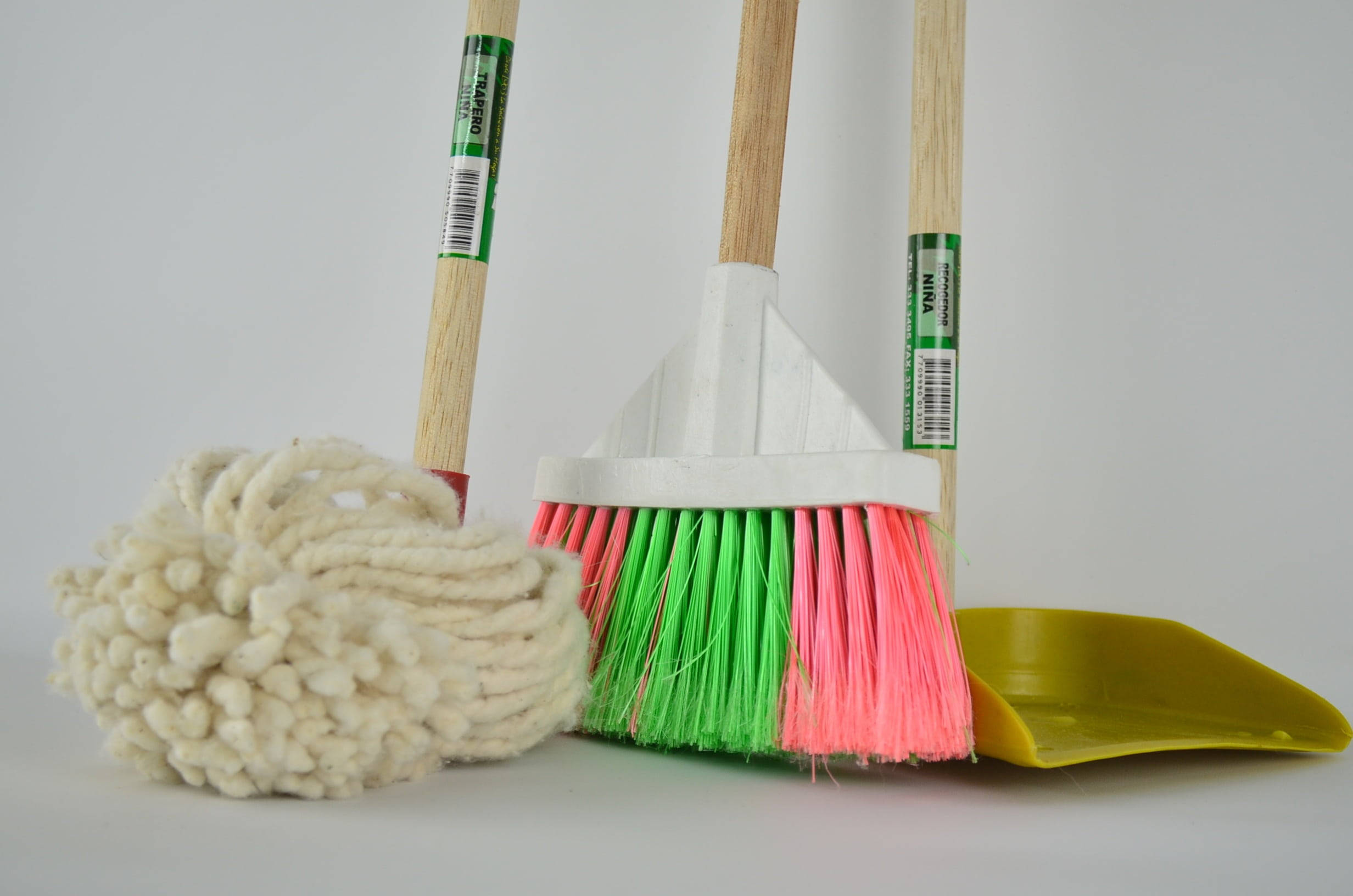 fluffy white mop head, colorful pink and green broom, yellow dustpan, Full HD Desktop Wallpaper