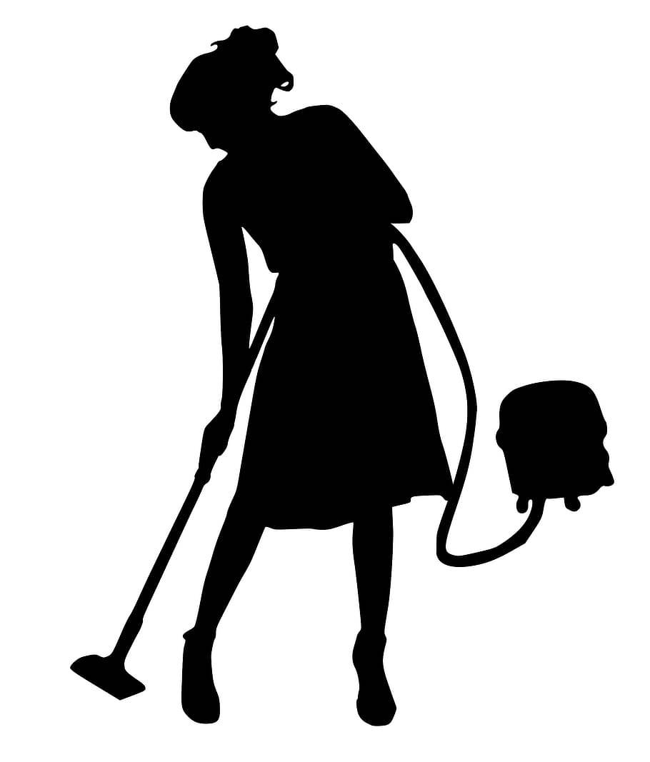 woman, classic upright vacuum cleaner, black silhouette, SD Phone Wallpaper