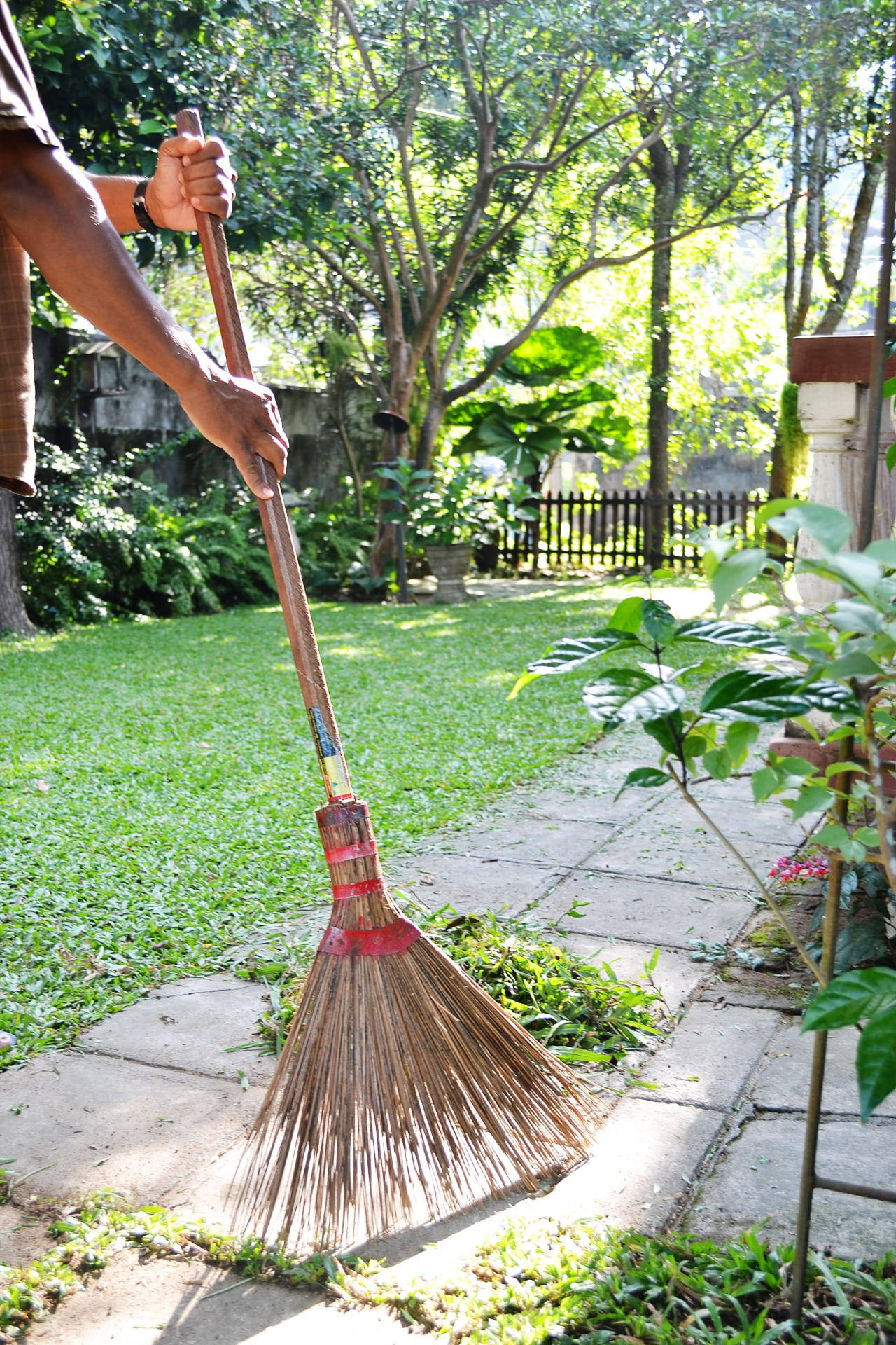 stone path, lush green lawn, traditional broom, Full HD Phone Wallpaper