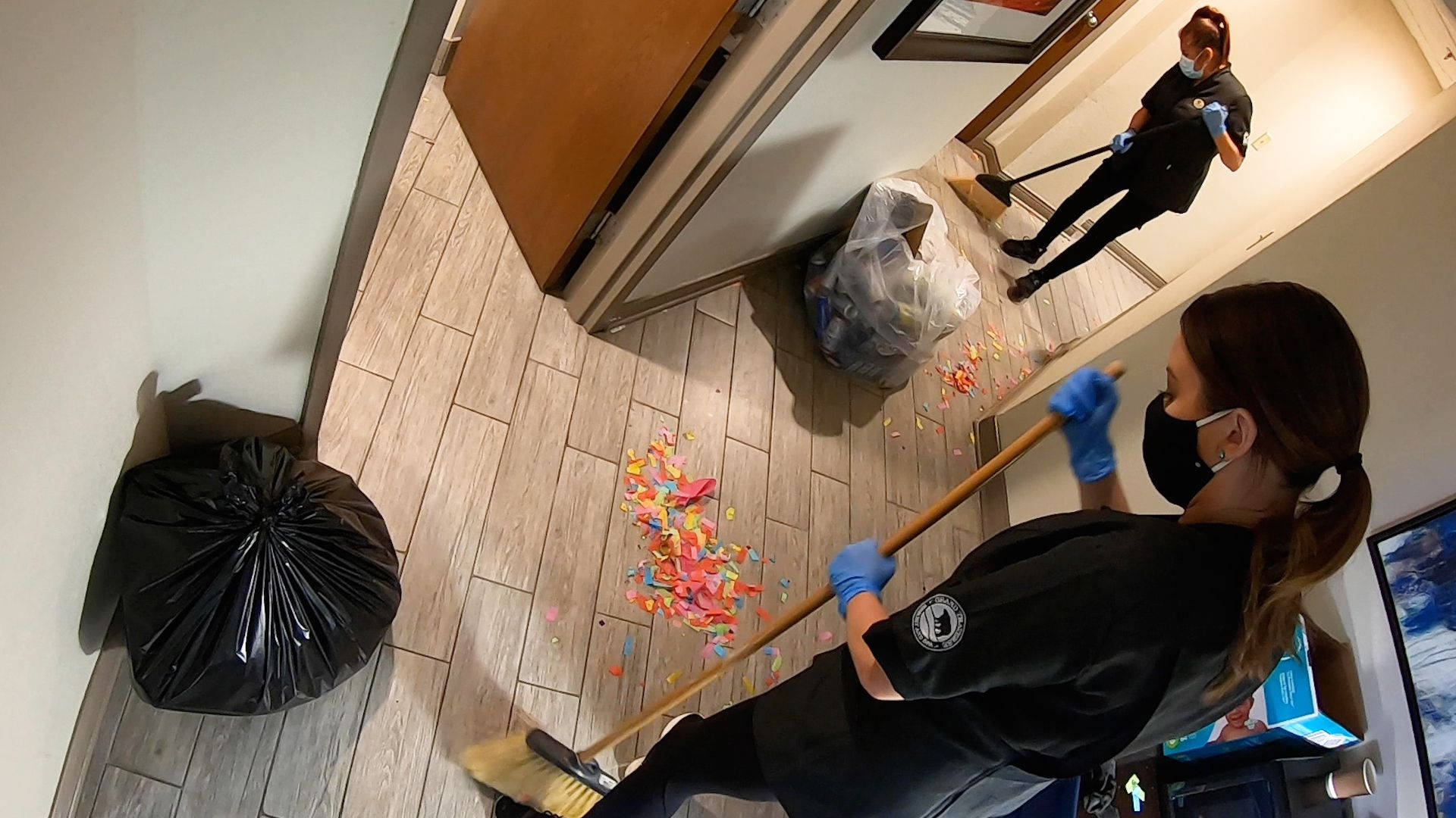 housekeeper, broom sticks, confetti, Full HD Desktop Wallpaper