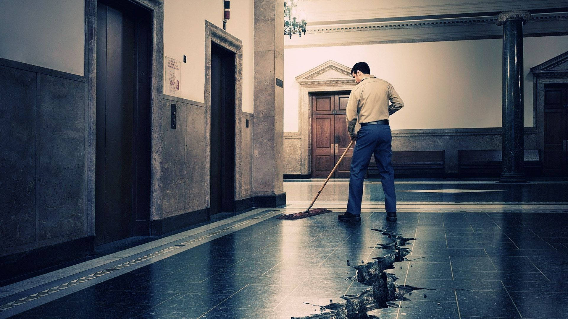 housekeeper, mops, cracked marble floor, Full HD Desktop Wallpaper