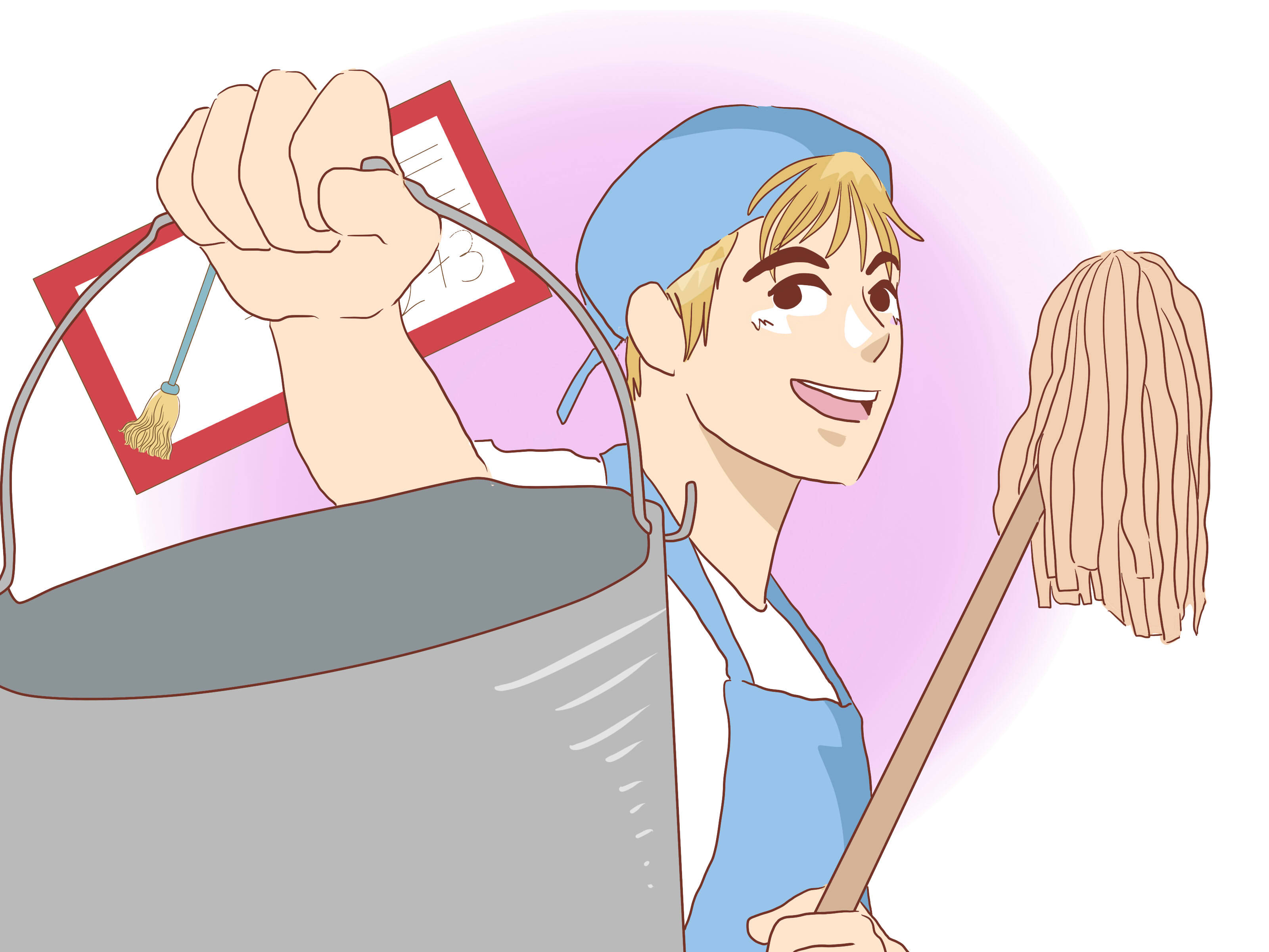 animated house cleaning man, blue uniform, mop, 2K Desktop Wallpaper