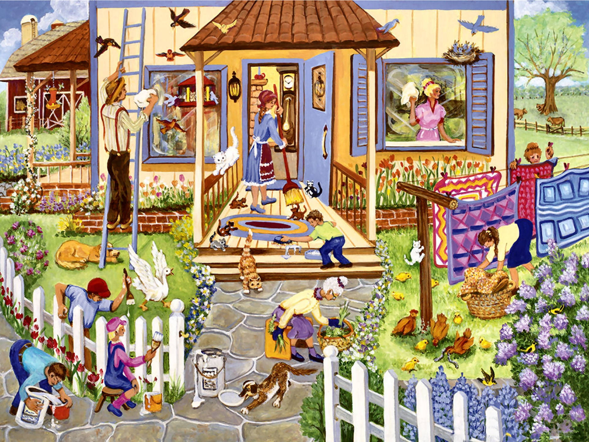 bustling farmhouse porch, yard, painting fences, Full HD Desktop Wallpaper