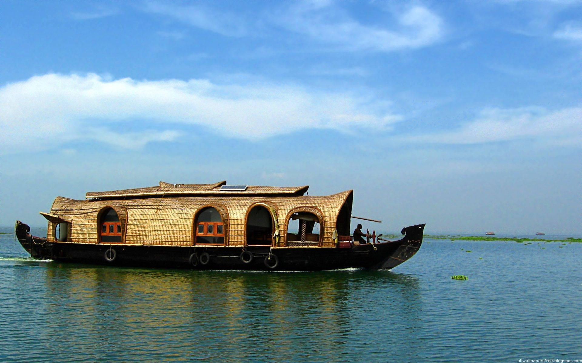 sailing boat house, traditional wooden houseboat, calm turquoise waters, Full HD Desktop Wallpaper