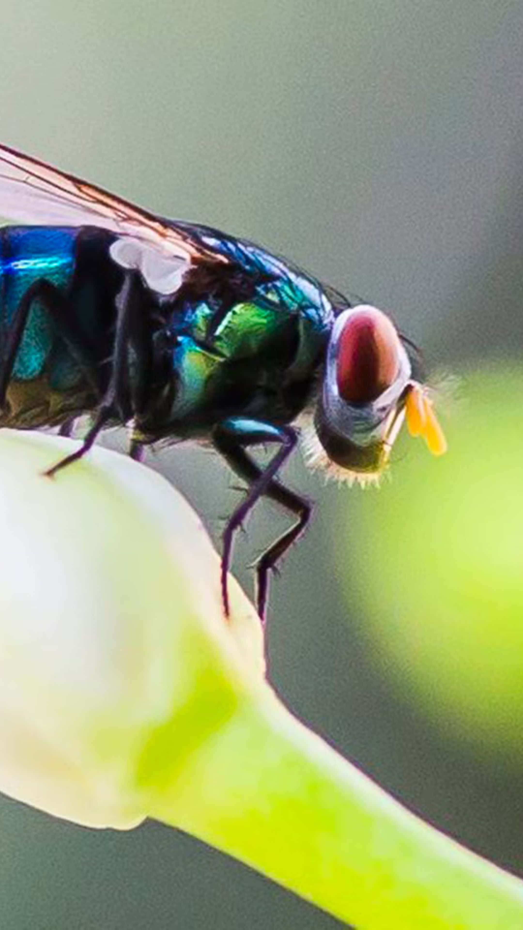 House Fly, metallic green, red eyes, 4K Phone Wallpaper