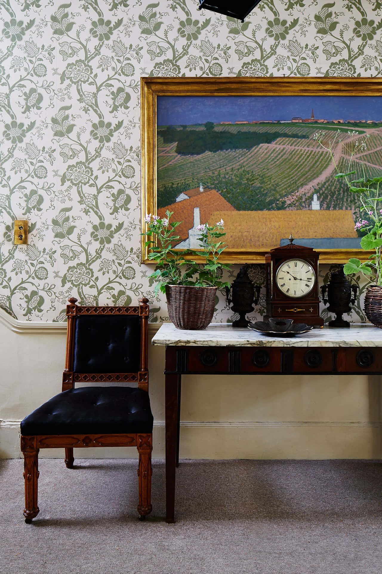 floral wallpaper, wooden chair, console table, Full HD Phone Wallpaper