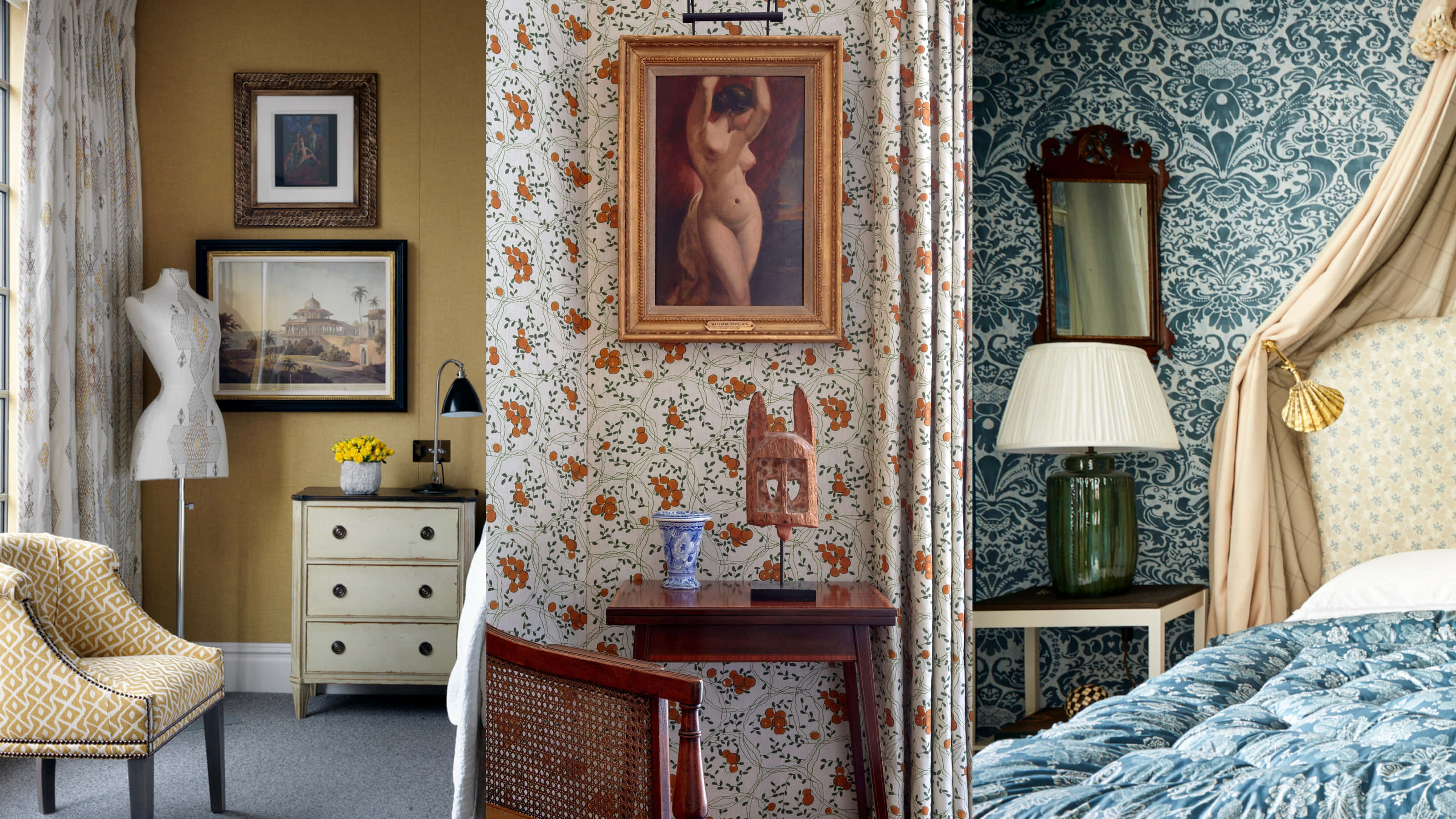 vintage bedroom, patterned wallpaper, floral motifs, 2K Desktop Wallpaper