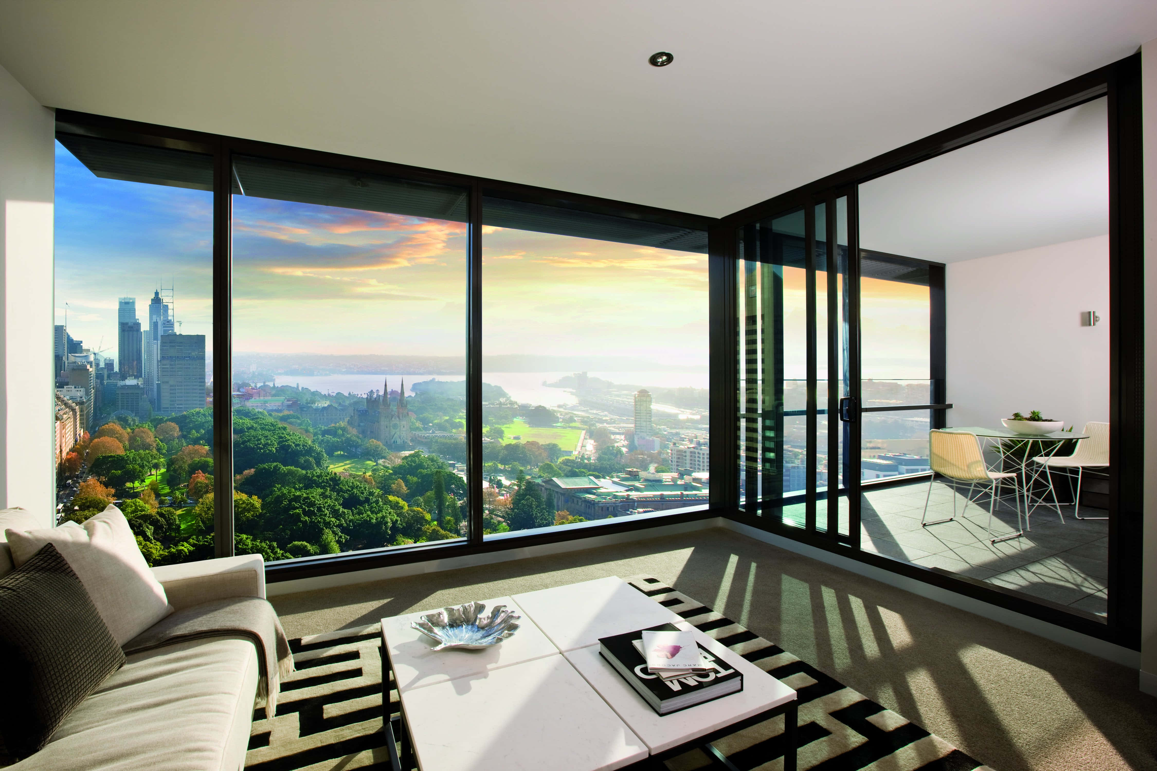 modern rooftop house, living room, floor-to-ceiling windows, 4K Desktop Wallpaper