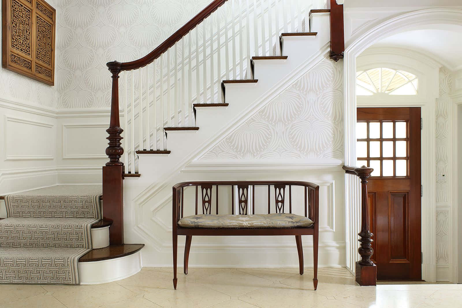 wood steps, white staircase, dark wood railings, HD Desktop Wallpaper