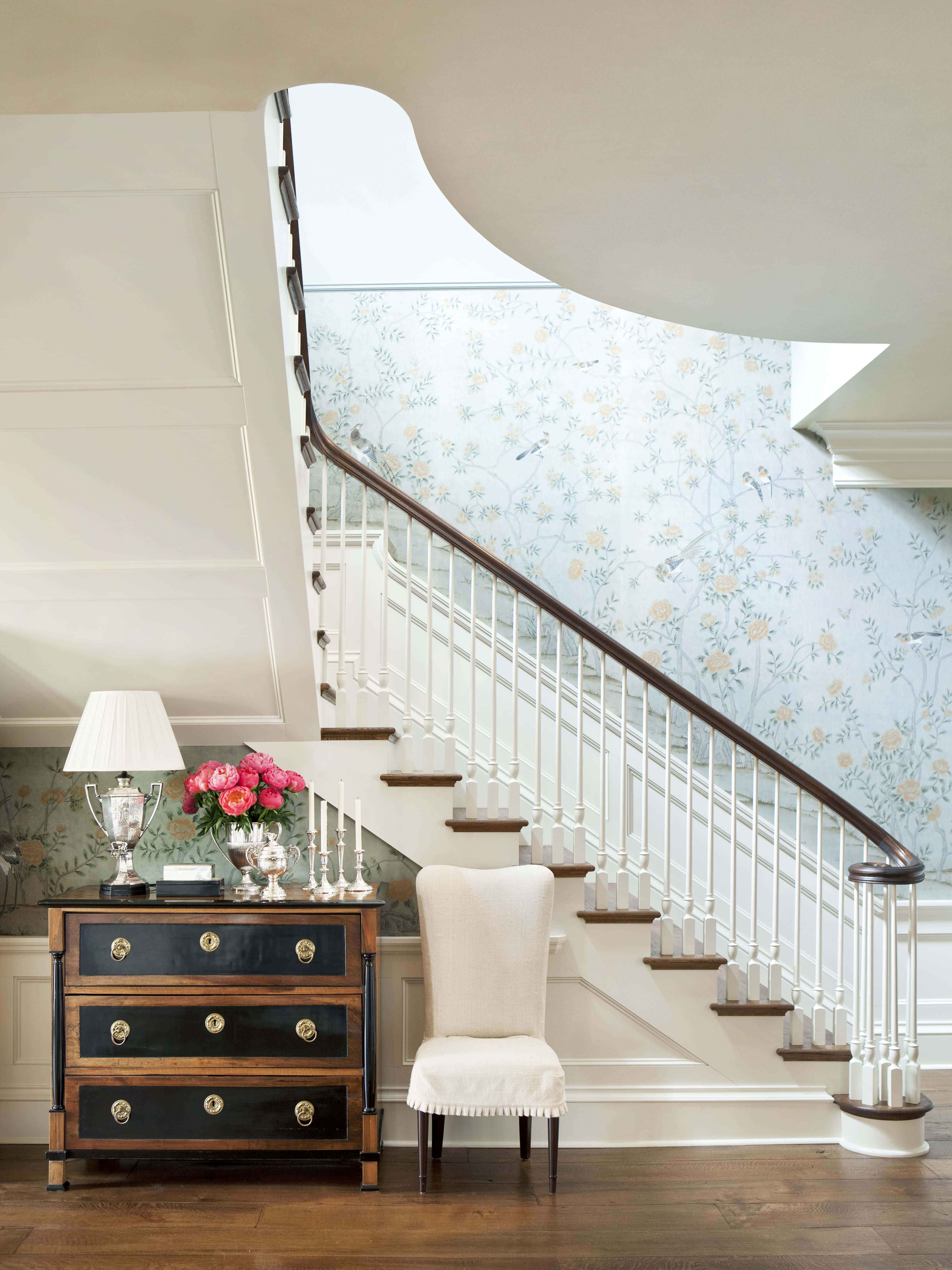 cozy house steps, curved staircase, floral wallpaper, 5K Phone Wallpaper
