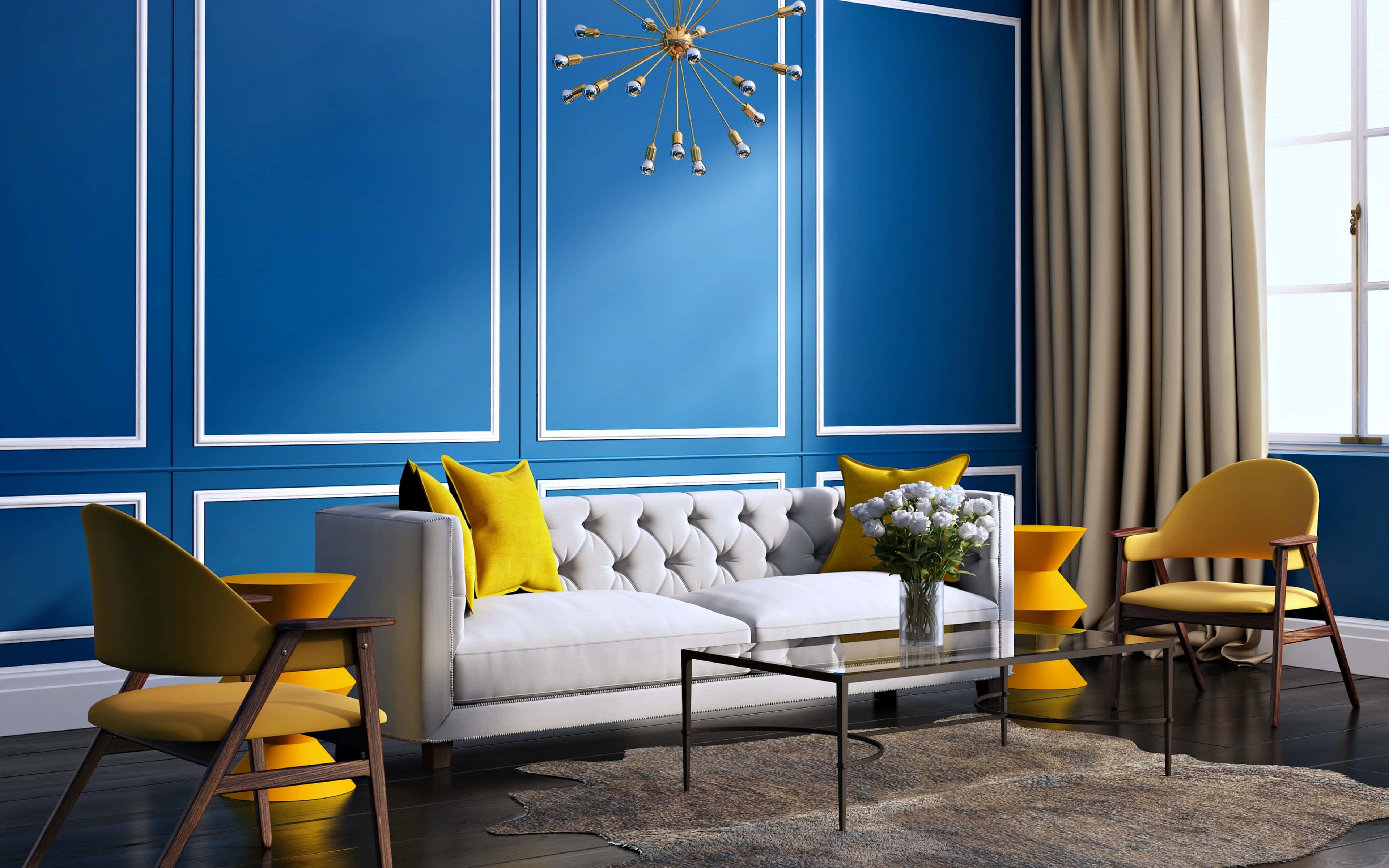 bold blue paneled walls, white tufted sofa, yellow chairs, 4K Desktop Wallpaper