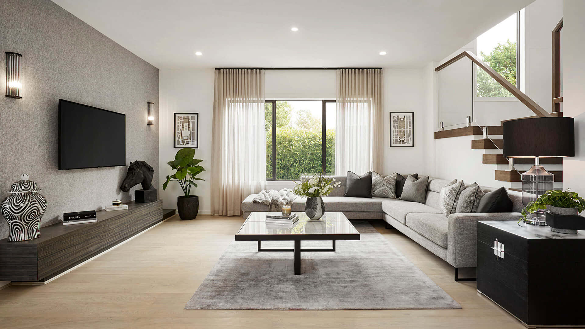 modern minimalist living room, gray sofa, wooden floors, Full HD Desktop Wallpaper