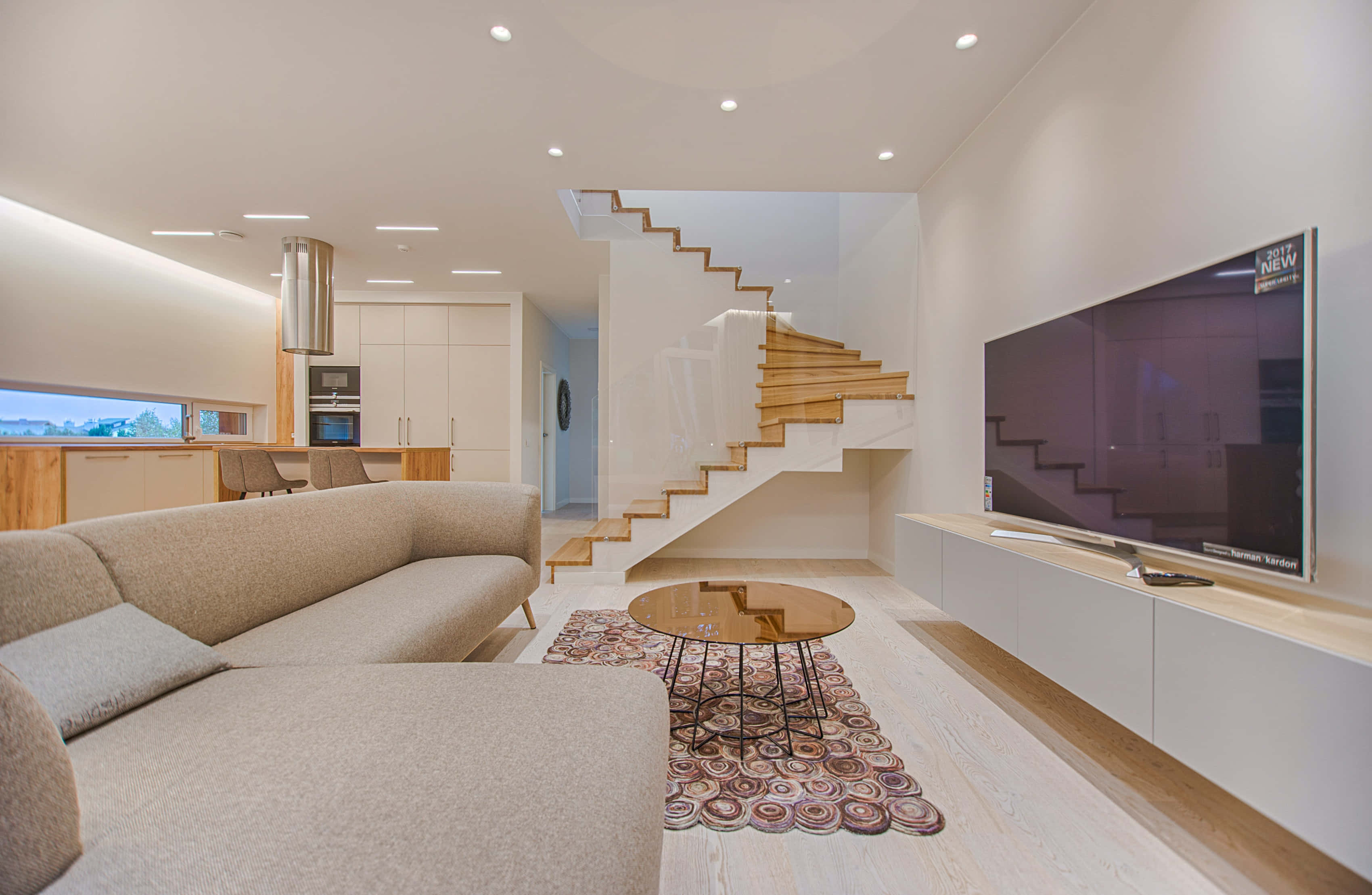 white minimalist design house interior, modern minimalist living room, beige sofa, 2K Desktop Wallpaper