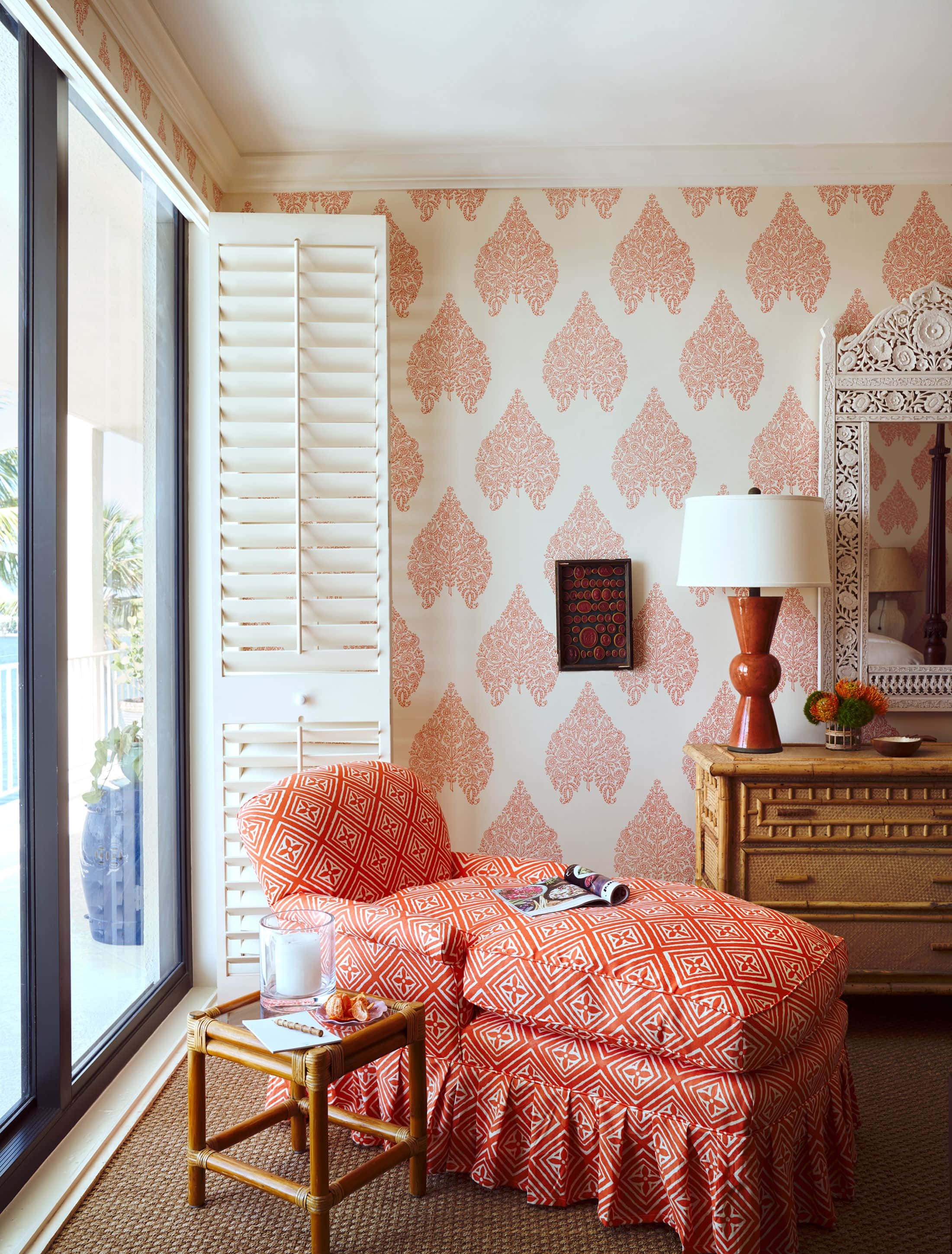 lovely pink sitting area, modern house interior, sunlit tropical bedroom, 2K Phone Wallpaper
