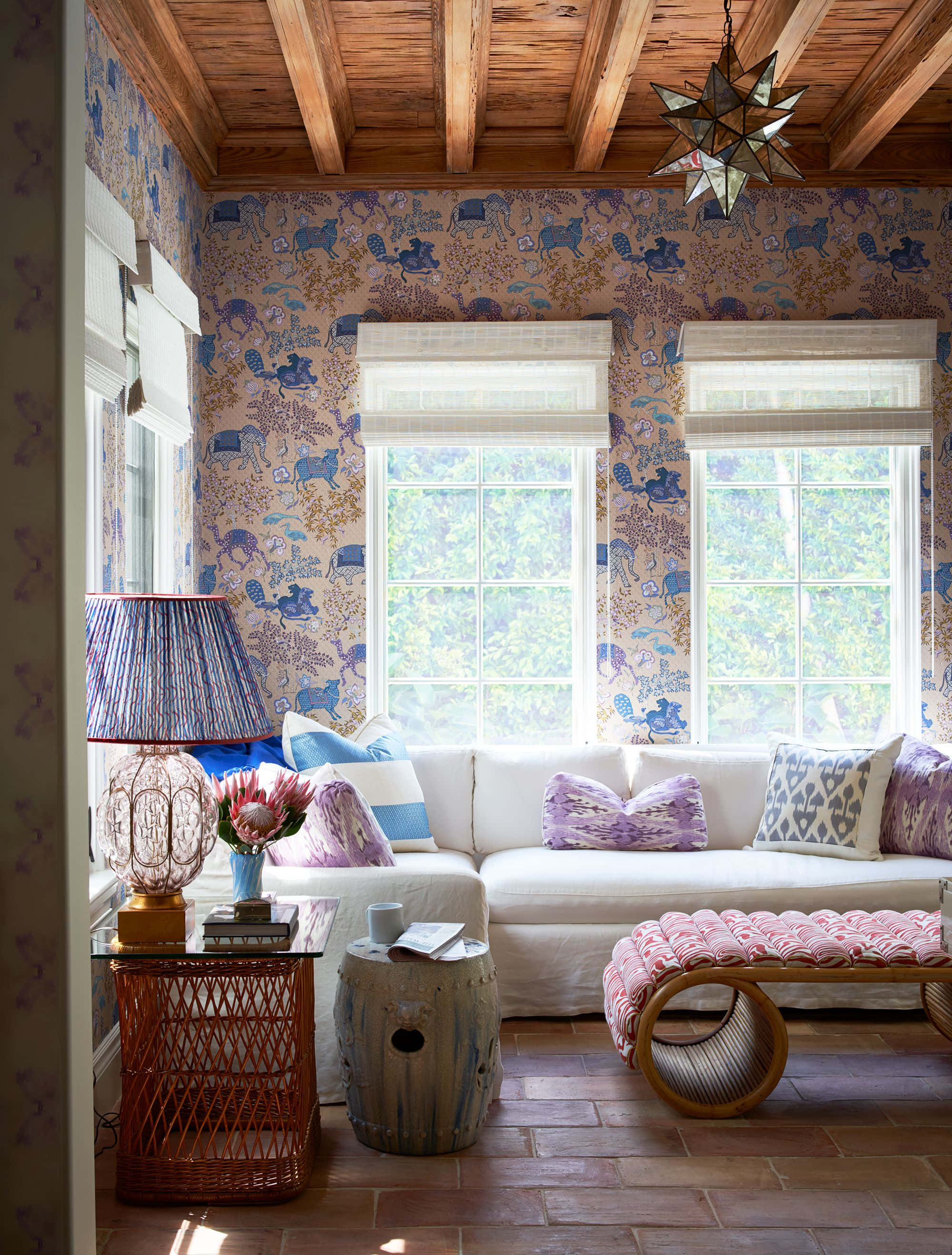 rustic living room, patterned blue wallpaper, wooden beams, 2K Phone Wallpaper