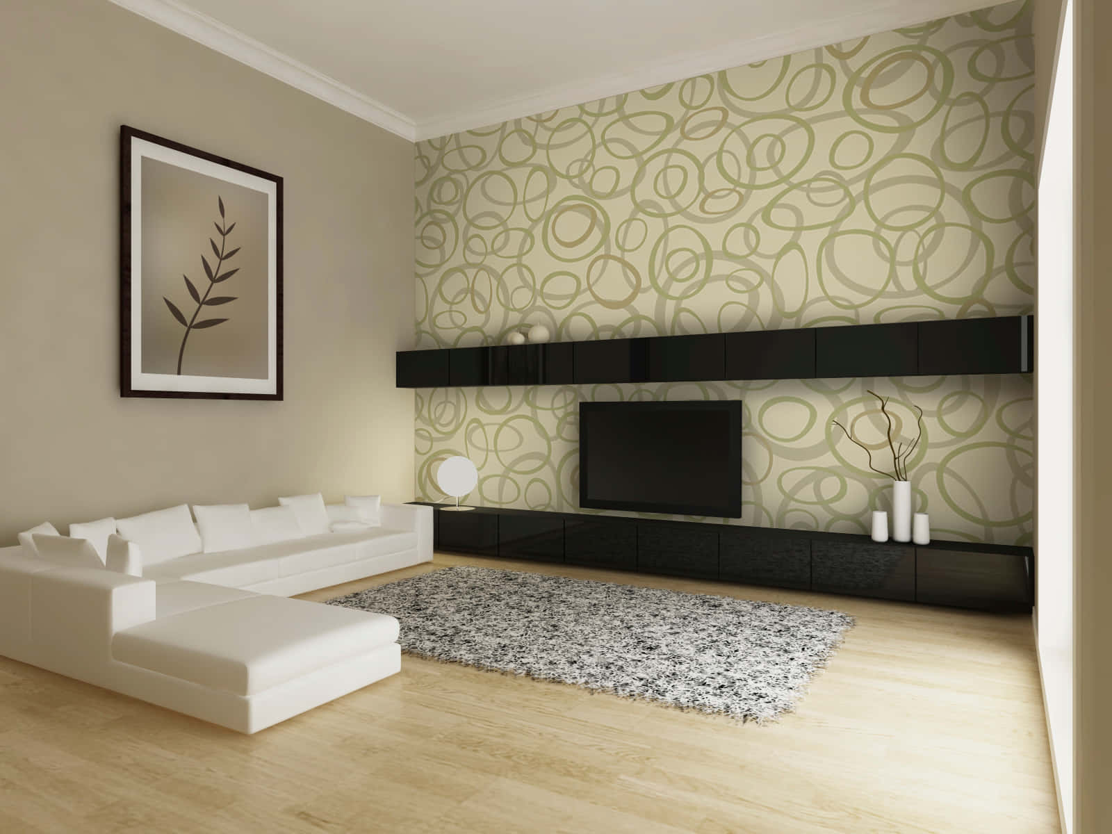 white sectional sofa, patterned green wallpaper, sleek black media console, HD Desktop Wallpaper