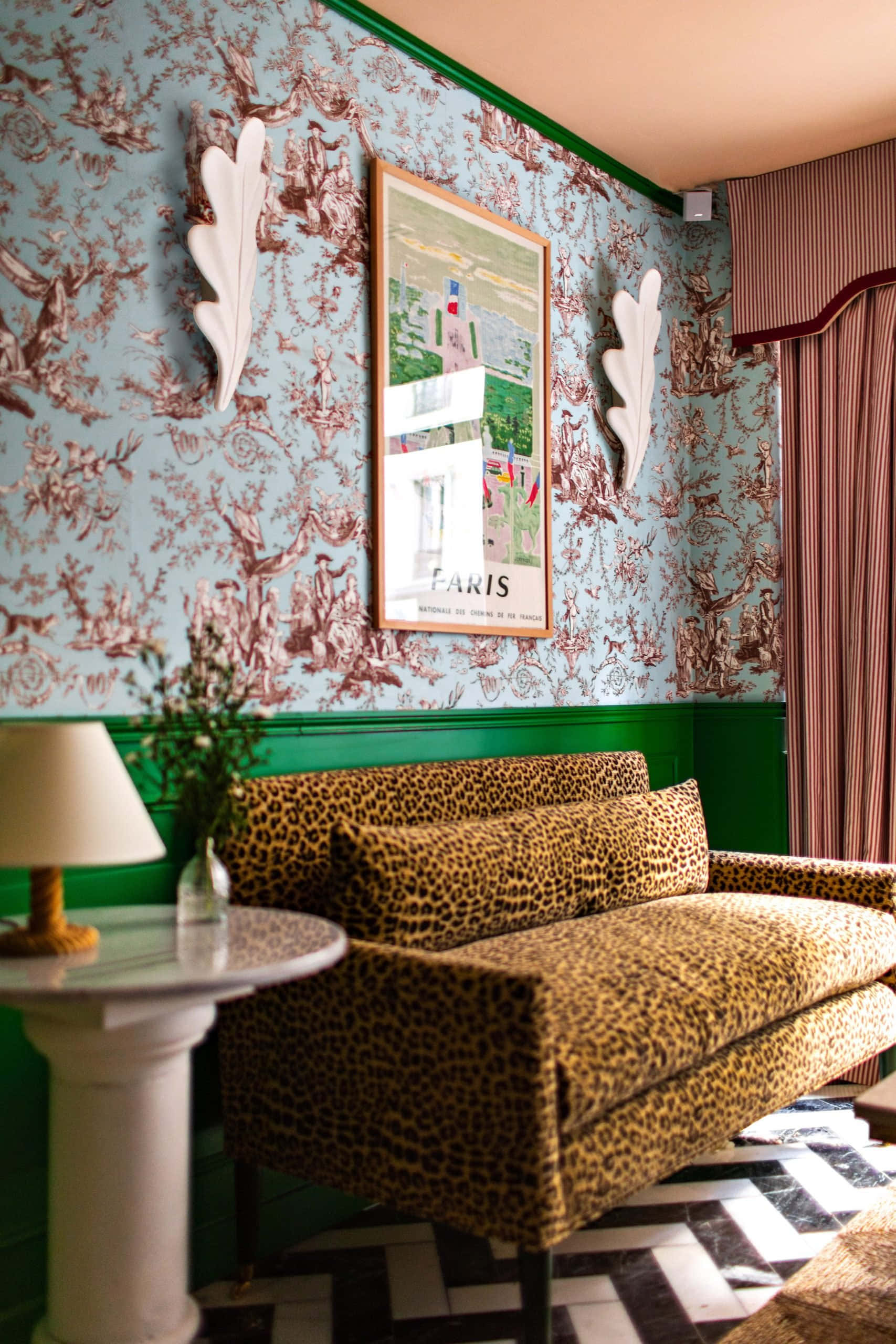 leopard-print sofa, blue toile wallpaper, green trim, 2K Phone Wallpaper