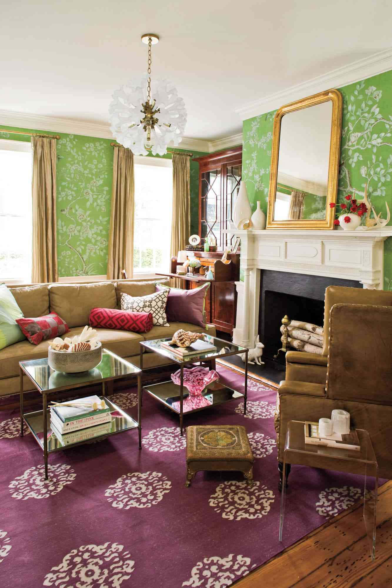 vintage chic house interior design, green floral wallpaper, purple patterned rug, Full HD Phone Wallpaper